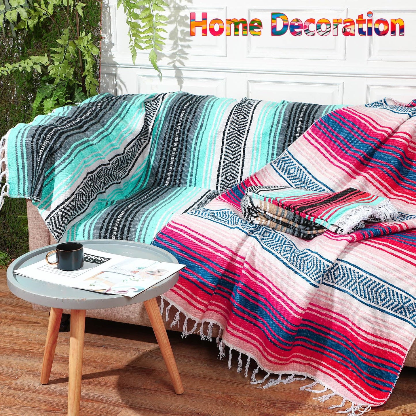 Peryiter 9 Pcs Mexican Blanket Bulk Large Yoga Blanket Striped Falsa with Fringed for Outdoor Beach Picnic Couch, 45 x 70 inch(Bright Colors)