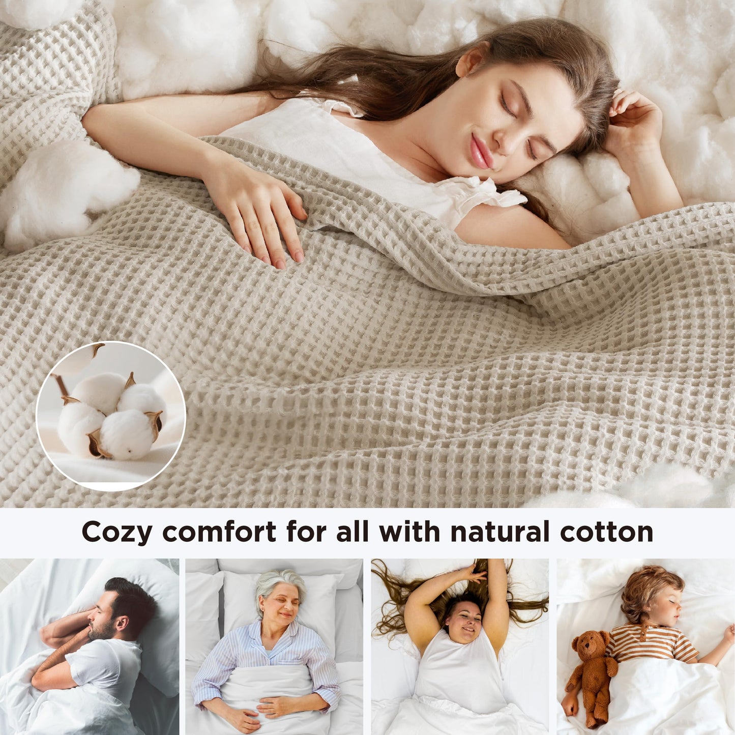 Bedsure 100% Cotton Blanket Queen Size for Spring Summer, Waffle Weave Thin Lightweight Breathable Blanket for Bed, Cotton Bedding Room Decor Gifts for Women, Men, Linen, 90" x 90"