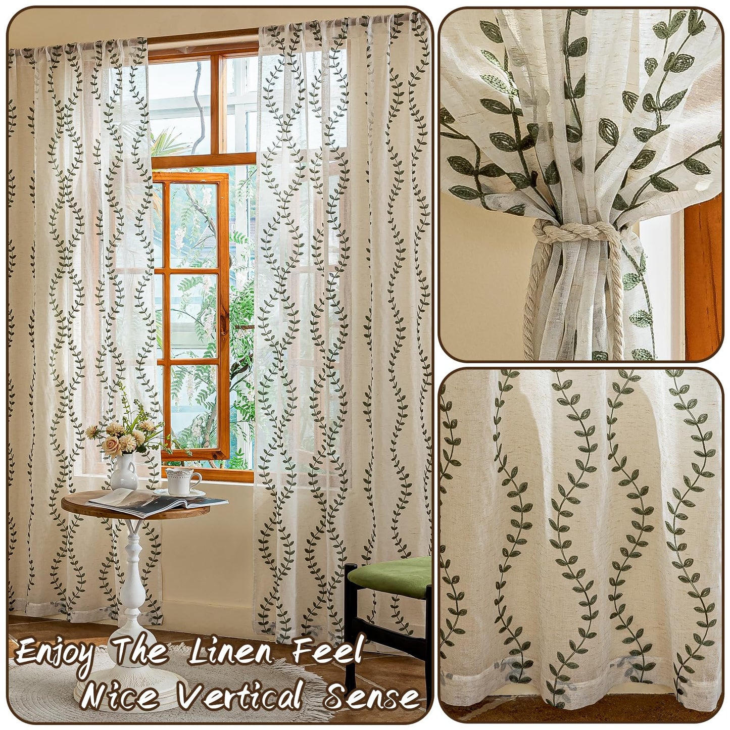 AmHoo 2 Panels Linen Leaf String Floral Embroidered Semi Sheer Curtain Farmhouse Voile Curtains for Living Room Bedroom Window Treatment Sage Green 52 x 63 Inch