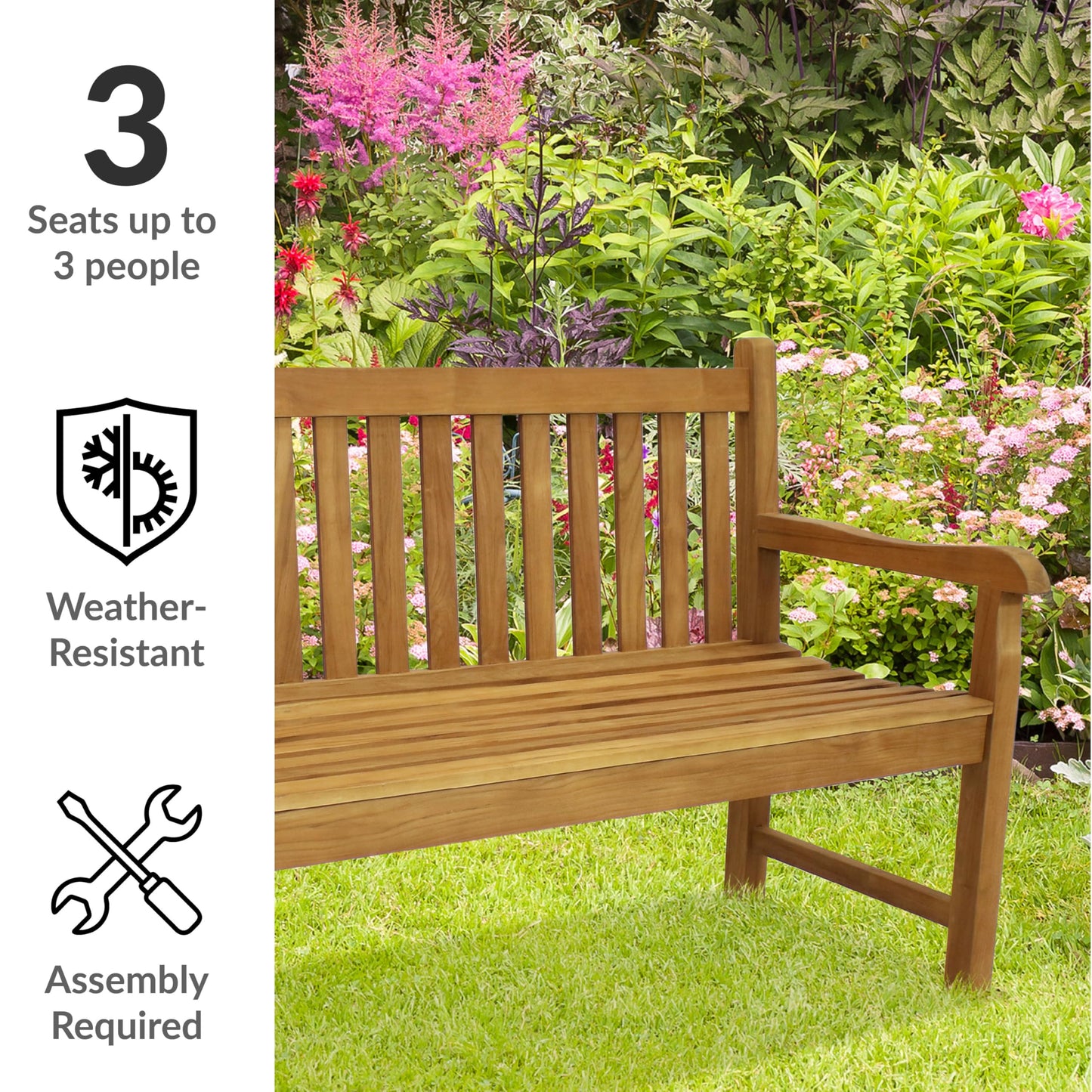 Sunnydaze 2-Person Outdoor Bench for Front Porch or Park - Wooden Teak Patio Garden Bench with Backrest - 675 lb Weight Capacity - 60"