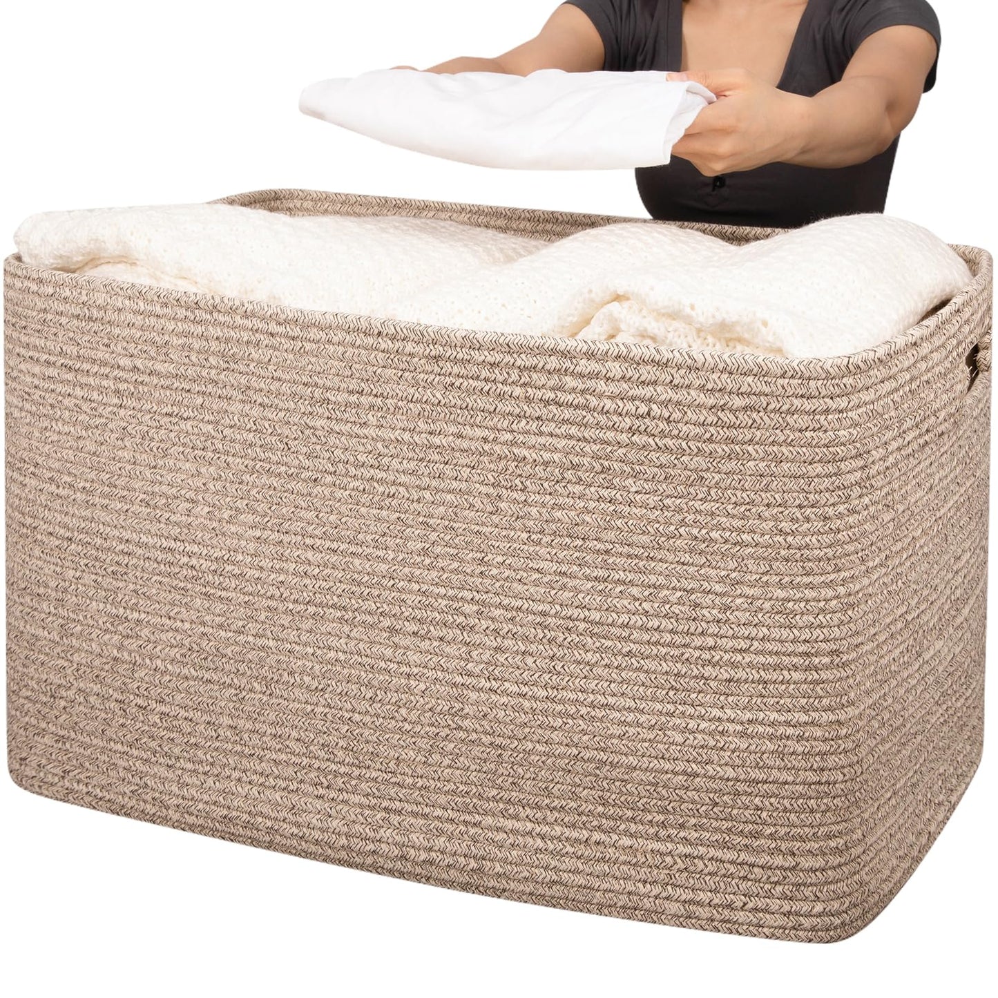 OIAHOMY 118L XXXLarge Cotton Rope Storage Basket, Oversized Blanket Basket, Used for Organizing Dirty Clothes in Living Room, Bedroom, Nursery, Dog Toy Storage Bins, 25" x 17" x 16",Brown variegated