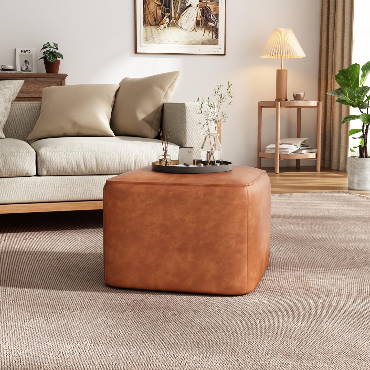 Christopher Knight Home Ellis Faux Leather Pouf Ottoman Foot Rest, Square PU Pouffe Ottoman Footstool, Living Room Sofa Couch Extra Seat, Modern Coffee Table for Home Office Bedroom, Tan Brown