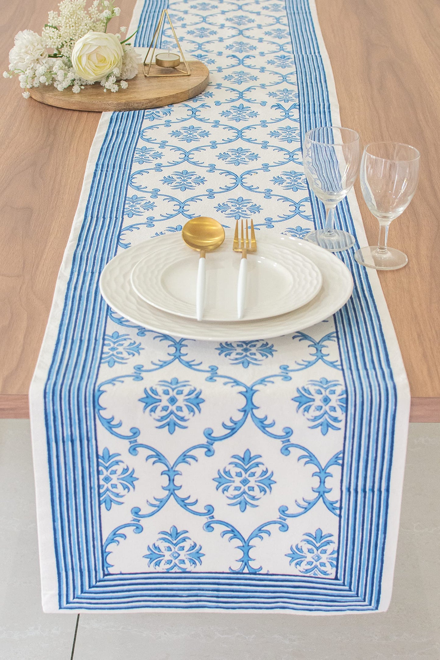 Lotus & Ivory Dark Blue Kitchen Table Runners (100% Cotton, Damask Hand Block Print, 14x90 inch, Pack of 1) Fabric Lined | No Fray Edges | for Home, Kitchen, Dining Room, Holiday, Wedding Party Décor