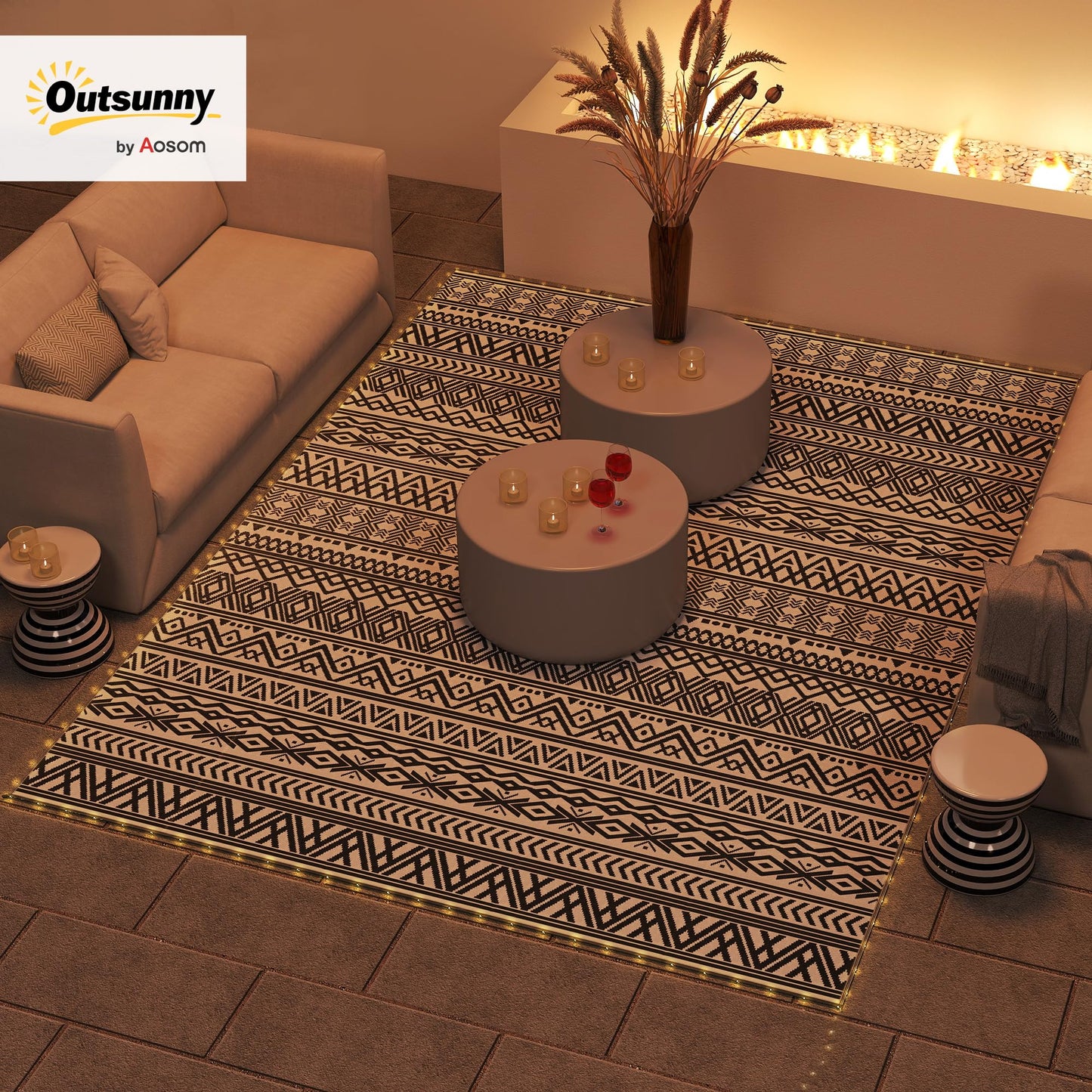 Outsunny Reversible Outdoor Rug Carpet with USB Lights, 12' x 9', Plastic Straw Rug, Patio Mat, Portable RV Camping Mat with Carry Bag