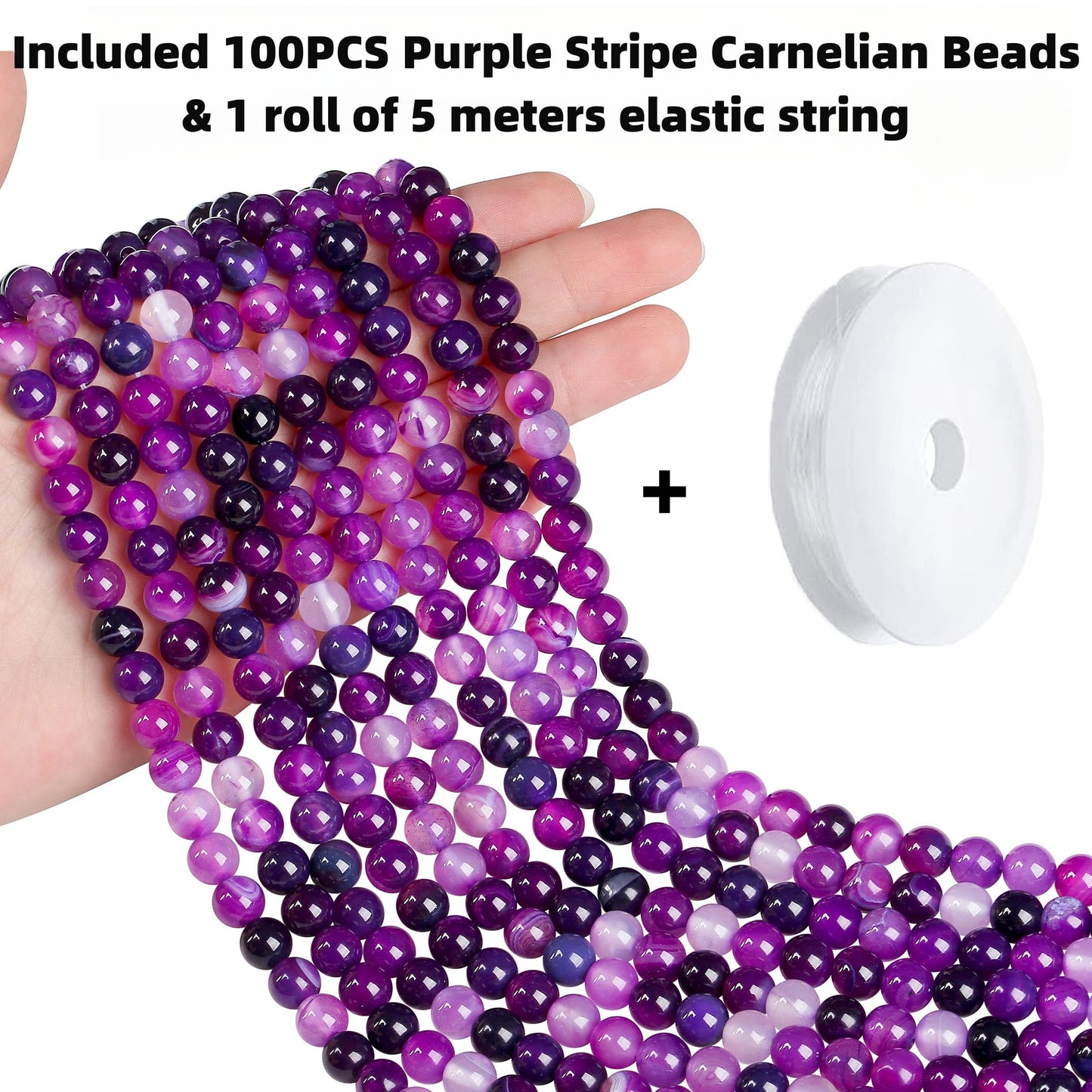 QINJIEJIE 100PCS Purple Stripe Carnelian Beads 8mm Natural Beads Round Loose Gemstone Bead for Bracelet Beading Crystal Jewelry Making DIY Necklace Earrings 0.32"