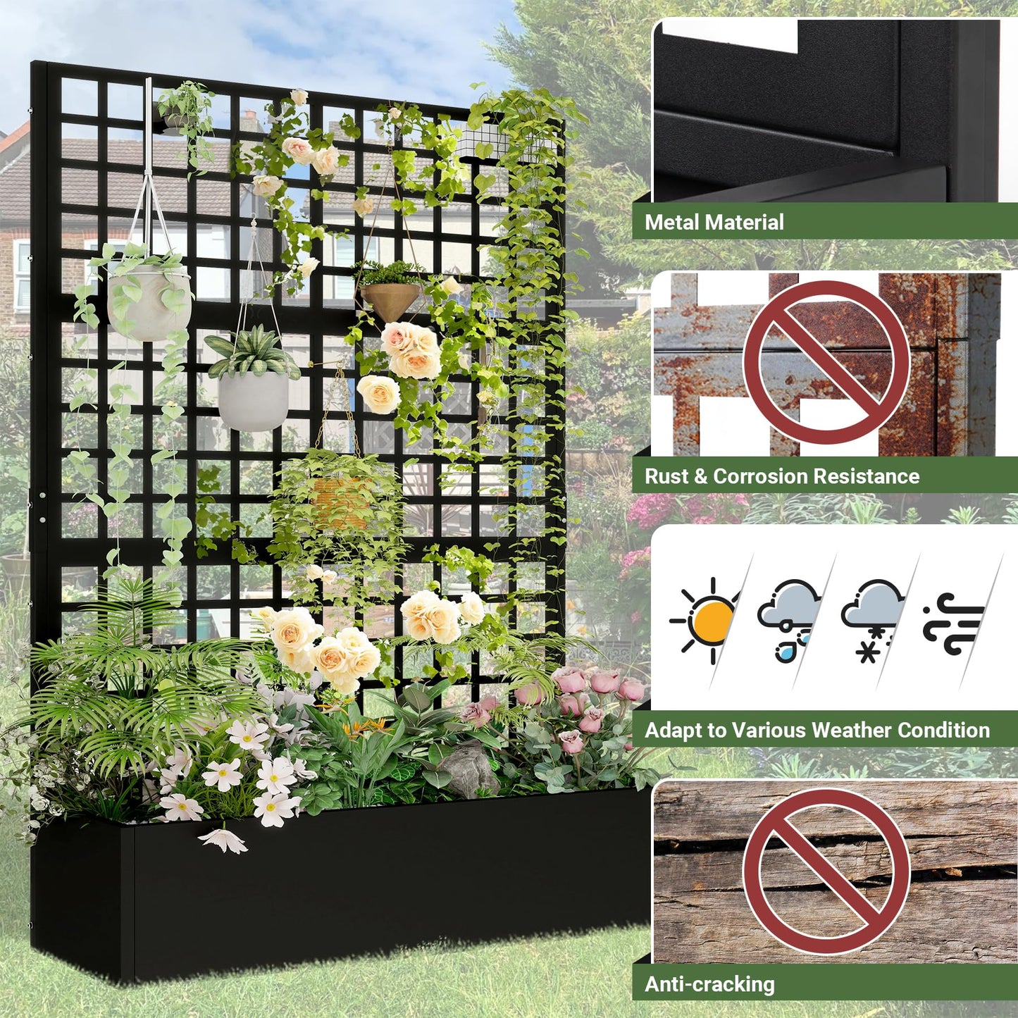Toriexon Metal Planter with Trellis 72" x 47’’ x 16", Raised Garden Bed with Trellis, Planter Box with Privacy Screen for Climbing Plants, Flowers, Vegetables, Fruits