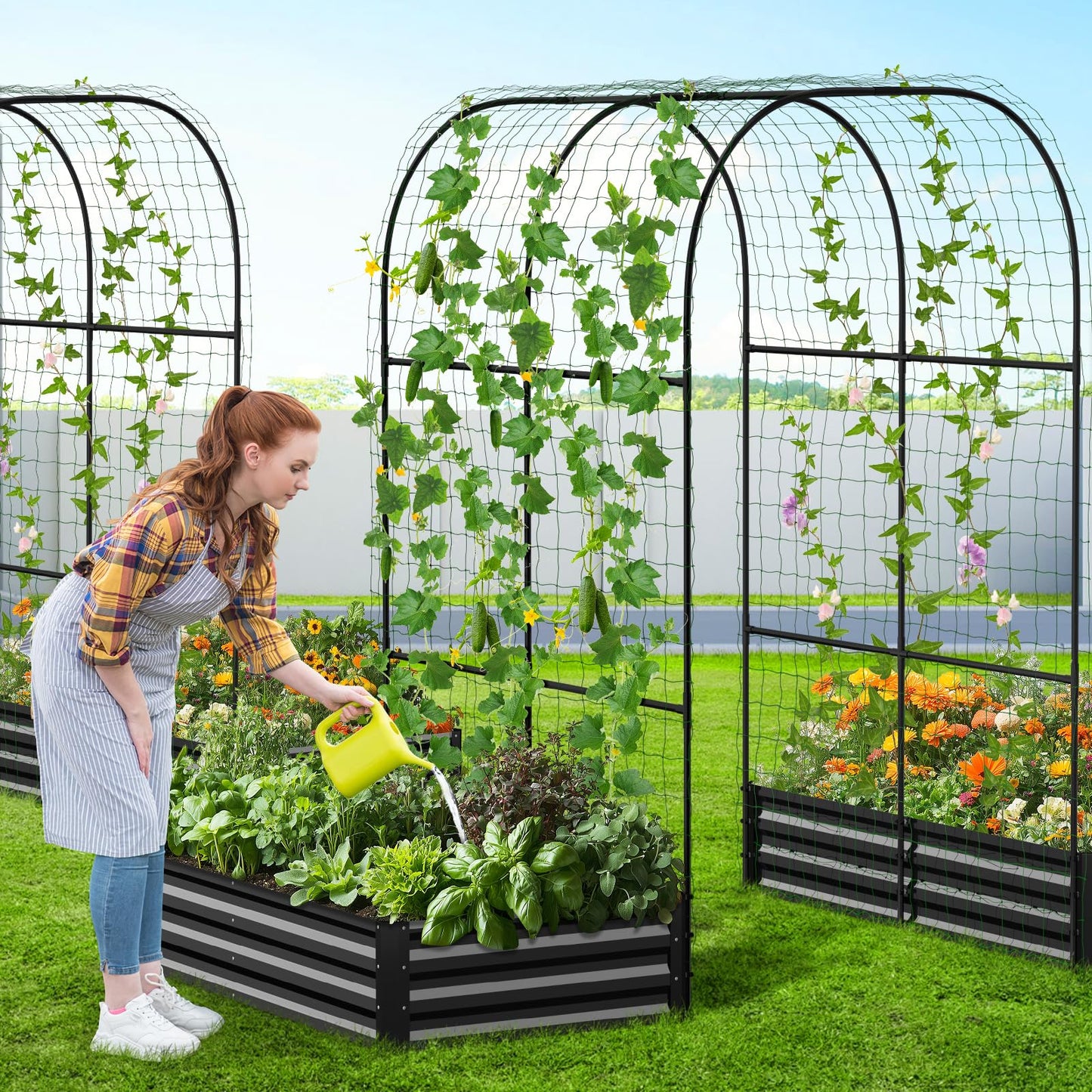 DoCred Galvanized Raised Garden Bed with 87" H Arch Trellis for Climbing Plants, Raised Outdoor Planter Garden Box with Climbing Netting for Gardening, Climbing Vegetables, Flower, Black