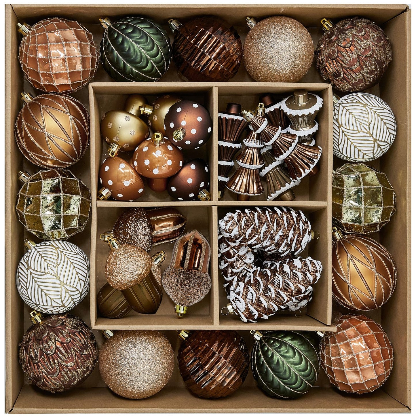 JORNOY Christmas Ornaments for Tree, Shatterproof Plastic Hanging Bulbs Set Decorations for Xmas Holiday Party with Lanyard, 36 Pack, Earth Tone