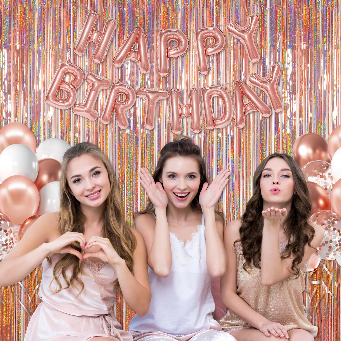 Photo Backdrop for Mothers Day Decorations, Melsan Rose Gold Tinsel Backdrop 2 Pack, Sparkle Foil Fringe Curtains for Rose Gold Birthday Decorations, 3.2 ft x 8.2 ft