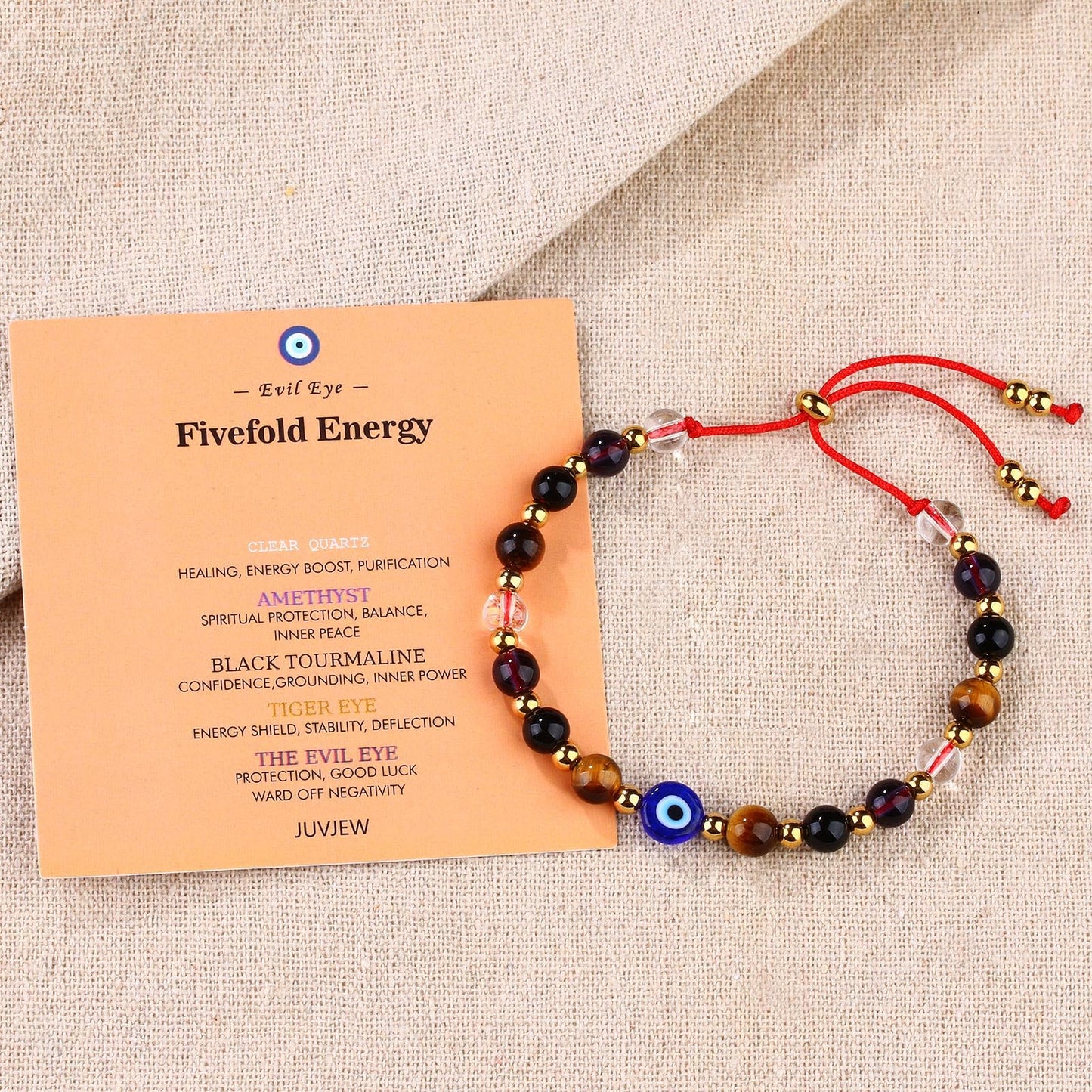 Cute Evil Eye Bracelet Red Black - Natural Crystal Protection Adjustable Spiritual Guardian Jewelry- 5 Healing Stones Clear Quartz Amethyst Black Tourmaline Tiger Eye Bracelet Adjustable (Blue Eye-Red Rope)