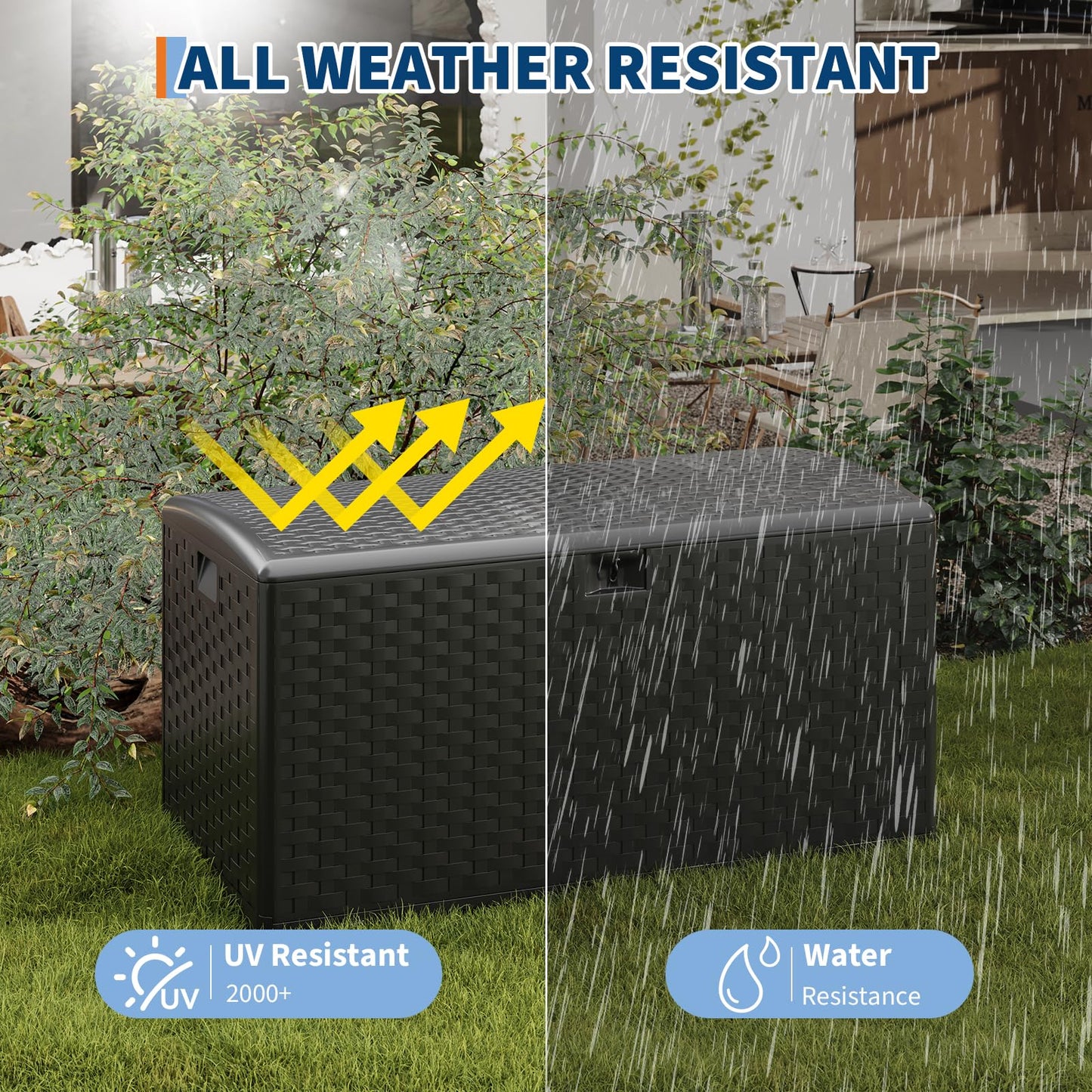 Garvee 100 gal Outdoor Storage Box, Lockable Plastic Deck Box with Lid, Waterproof & UV-Resistant Storage Bin for Patio Cushions, Garden Tools & Pool Accessories, Black
