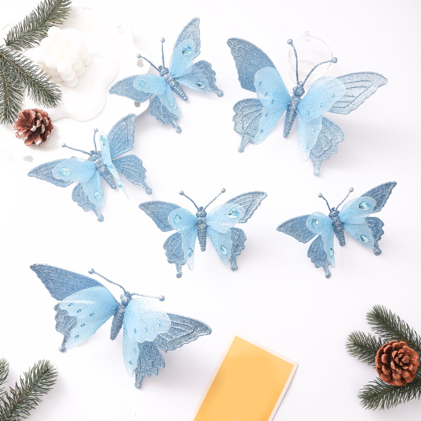 3D Glitter Christmas Butterfly Ornaments, 6 Pack Hanging Butterfly with Clip for Christmas Tree Decoration, Indoor Christmas Decoration (6, Blue &Diamonds)