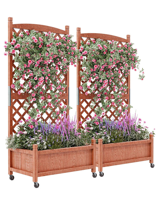 2PCS Raised Garden Bed with Trellis,61.5" Vertical Wooden Garden Bed on Wheels with Drainage Holes,for Plant Flower Climbing Pot Hanging, Indoor & Outdoor Planter Box for Yard, Garden, Balcony
