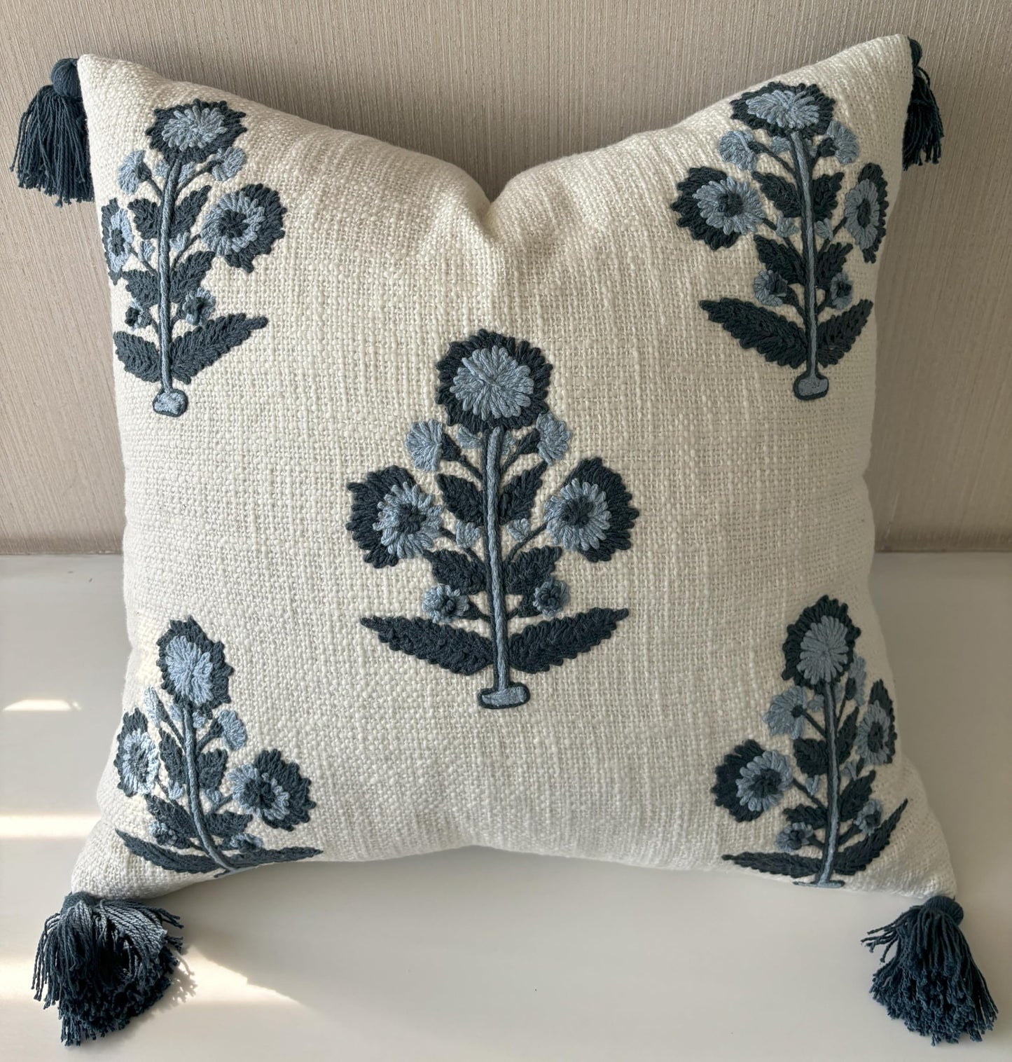 YugTex Hand Embroidered Pillow Cover - 20x20 Ivory Cotton Blue Floral Botanical - Russell Motif