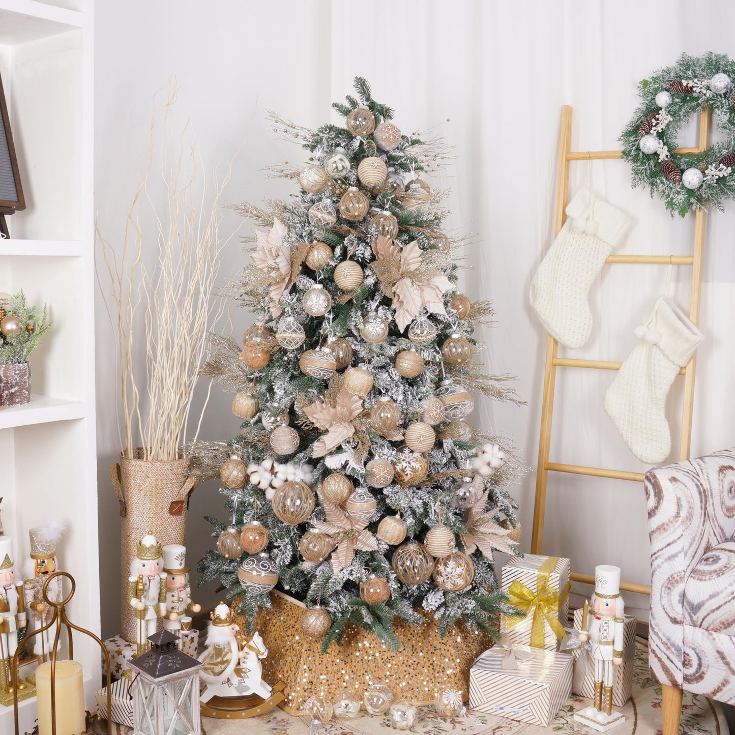 XmasExp Christmas Ball Ornaments Set, Farmhouse Shatterproof Christmastree Decorations,6ct Large Plastic Hanging Ornaments,100mm/4,Neutral