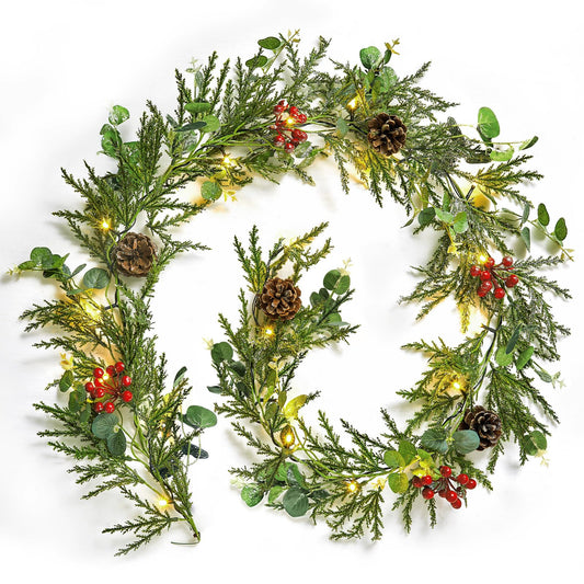 Brightown Pre-lit Christmas Garland with Lights, 6 Feet 20 LED Battery Operated Christmas Lights with Pine Cones, Berry, Eucalyptus Leaves, Indoor Christmas Decorations for Stairs, Fireplace, Door
