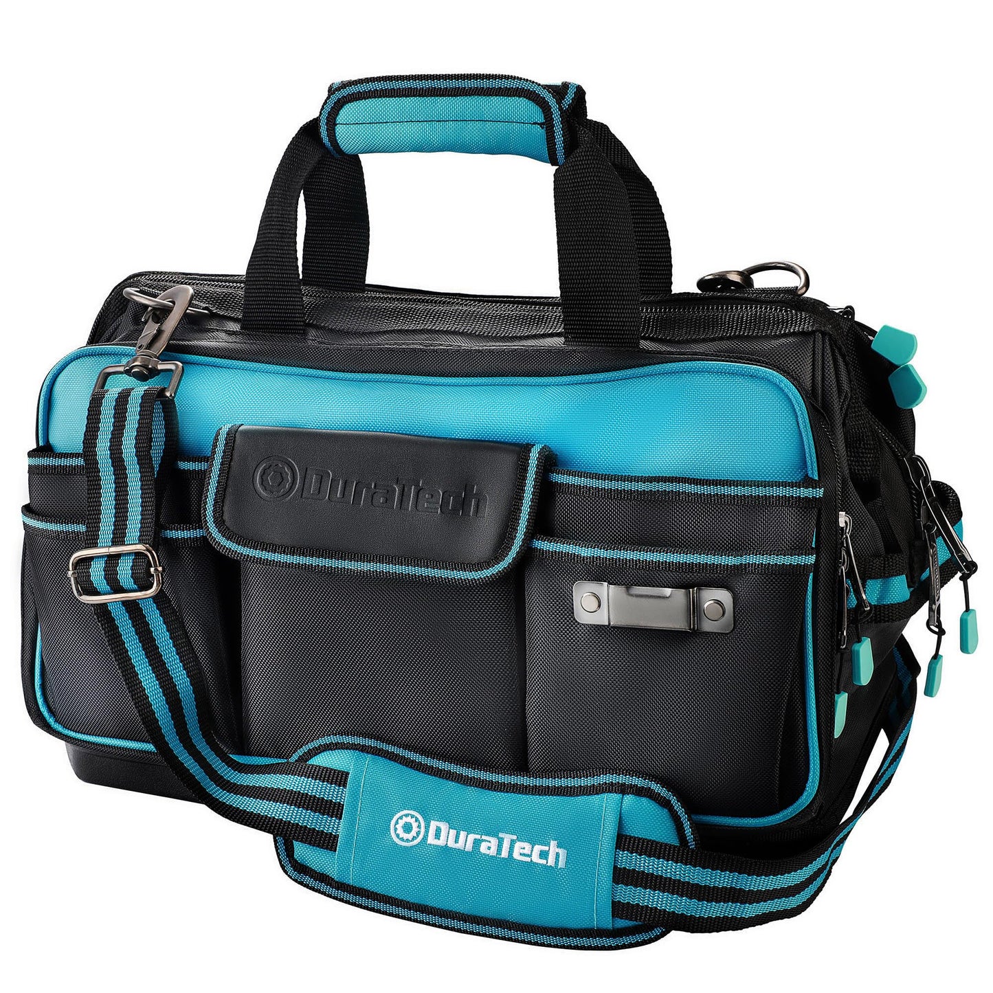DURATECH 17" Wide Mouth Tool Bag, Large Storage 32 Pocket Tool Bag Organizer with Water Proof Molded Base, Adjustable Strap, Clip Design, 840D Oxford Fabric