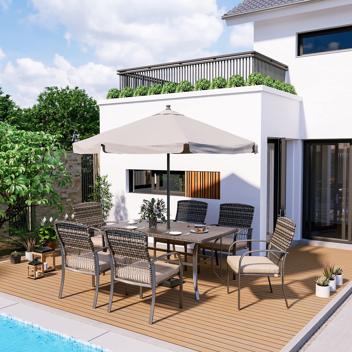 Pamapic 8504 Patio Dining 7 Piece, Outdoor Wicker Furniture Set for Backyard Garden Deck Poolside/Iron Slats Table Top, Removable Cushions, 7 Pack, Beige