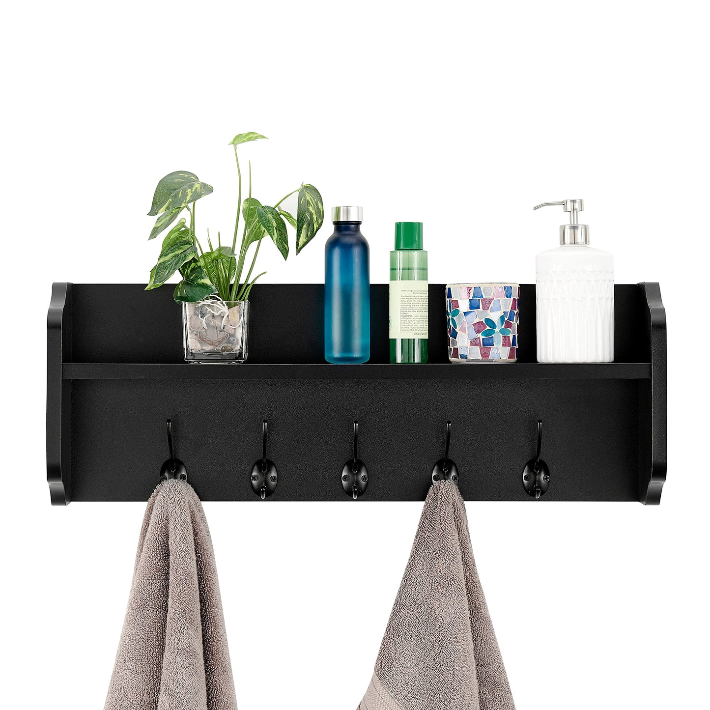 Danya B. Entryway Floating Utility Wall Shelf with Hooks – Wall Mounted (Black)