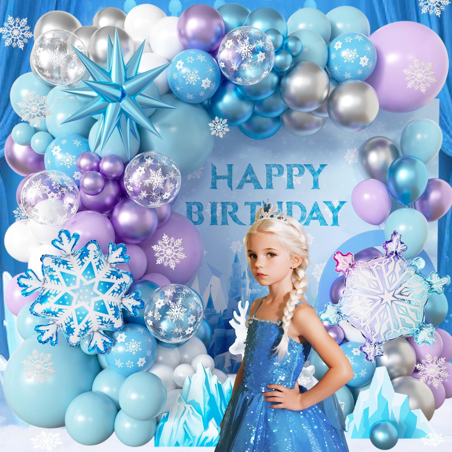 103pcs Winter Wonderland Balloon Garland Arch Kit with Giant 3D Ice Crystal Star & Gradient Snowflake Foils, 18/12/10/5 Inch Metallic Blue Purple Silver Printed Latex for Girls Ice Princess Birthday