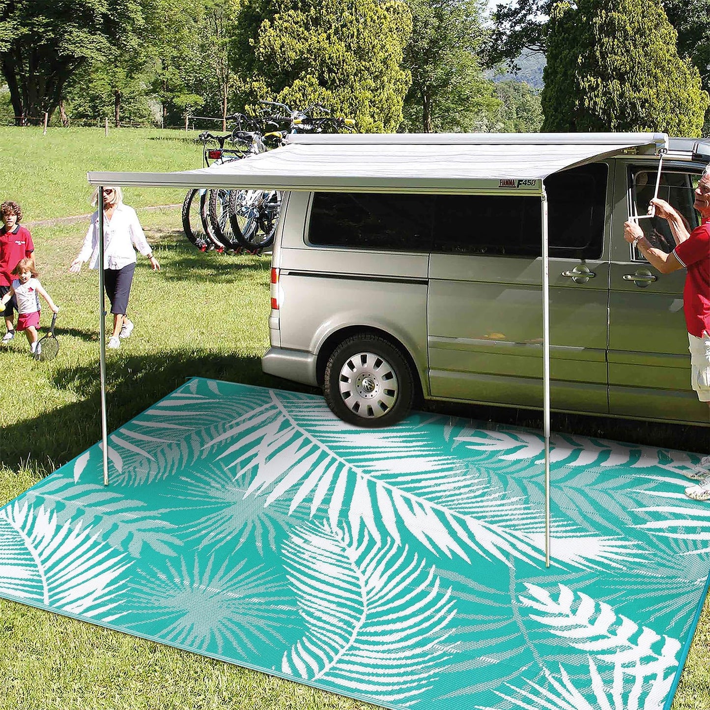 HiiARug Outdoor Rug for Patios Clearance, 6x9 Waterproof RV Rugs for Outside, Reversible Plastic Straw Mat Large Quick Drying Outdoor Rugs for Deck Trailers Campers Porch Beach Backyard,Teal & White