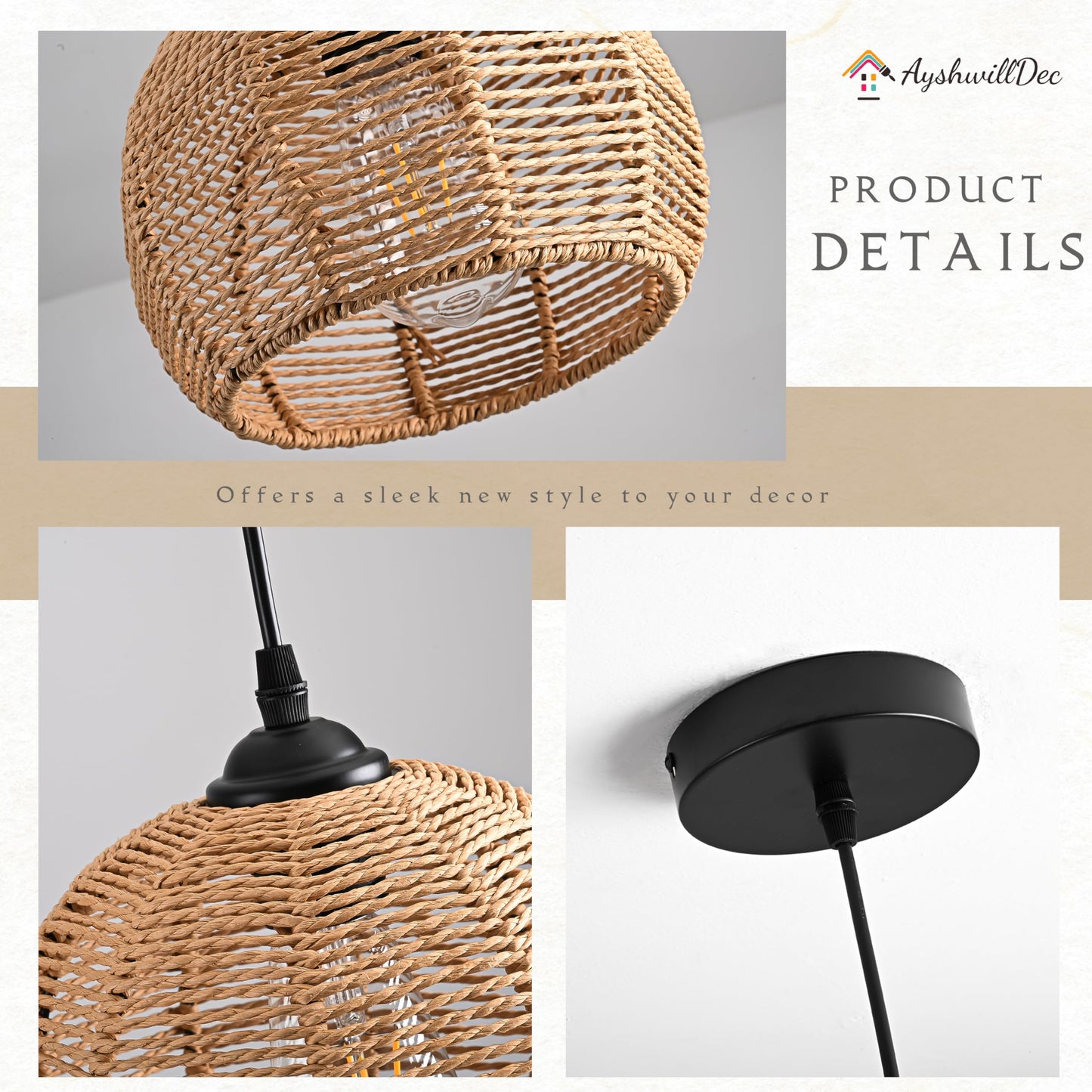 AyshwillDec Mini Hemp Rope Woven Pendant Light Woven Light Fixture Boho Chandelier Light Fixture Wicker Pendant Light Rattan Light Pendant Dome Wicker Chandelier for Bedroom Kitchen Island(Bulb Incl.)