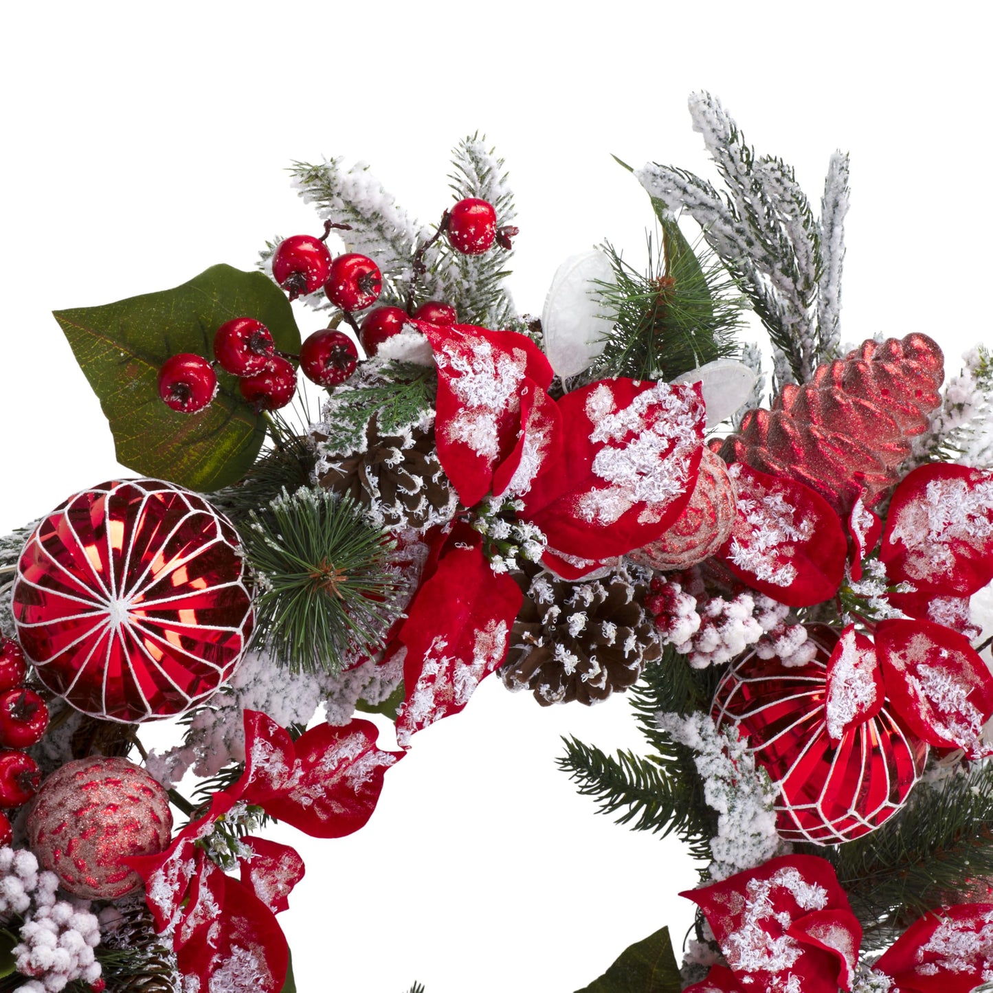SAFAVIEH Home Collection - 28" Faux Snowy Needle Pine Wreath with Red Poinsettias, Ornaments & Pinecones (FXP1032A)