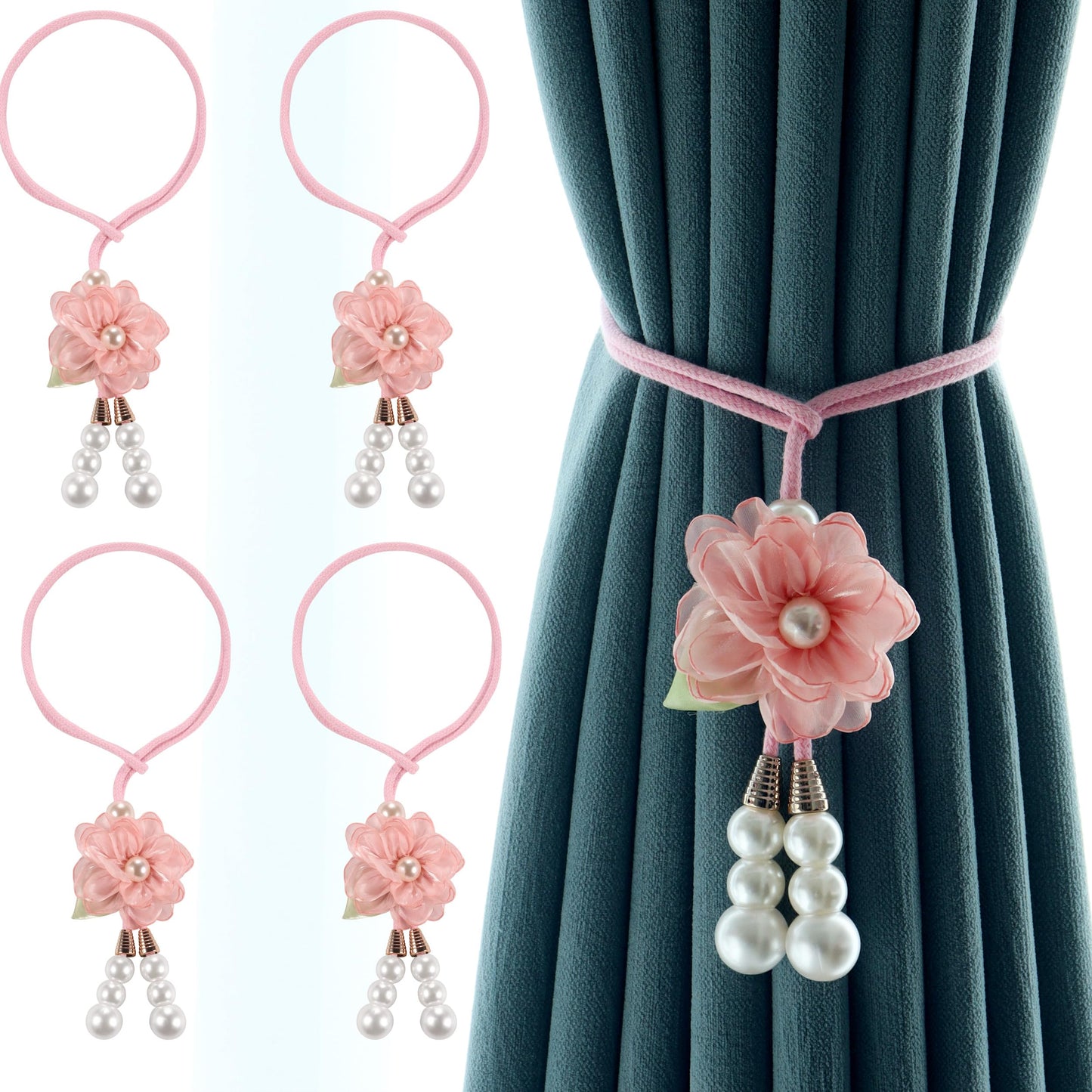 Adjustable Curtain Tiebacks， 4-Pack Hand-Woven Rope with Silk Flower & Pearl， Decorative Window Cord Holders for Drapery， Long Loop Design for All Curtain Thickness (Pink)
