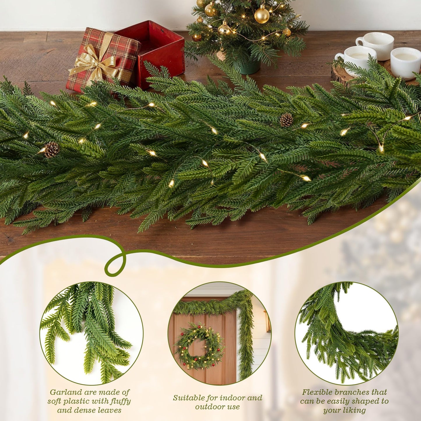 6FT Christmas Garland Norfolk Pine Garland Real Touch Faux Greenery Cedar Garlands for Mantle,Table,Wall,Christmas Decorations Indoor Outdoor