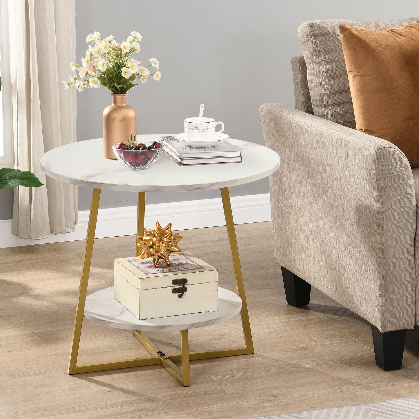 D&H FURNIMMT 20" Living Room Side Table for Small Spaces, 2 Tier Wood Top Round End Tables with Storage Shelf, Accent Sofa Table for Bedroom, Office, Sunroom, Balcony, White Faux Marble/Gold