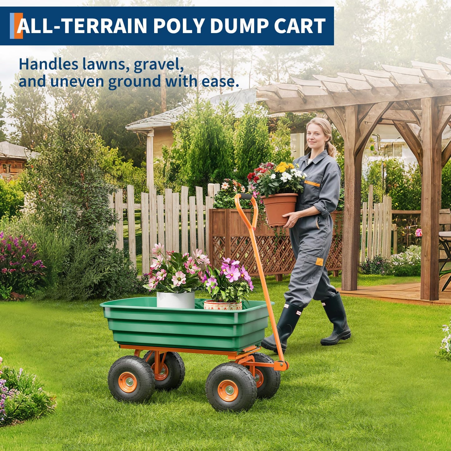 Jojoka 1200 Lbs Heavy Duty Garden Dump Cart, 4 Cu ft Rust-Resistant Poly Utility Wagon with 10-Inch All-Terrain Pneumatic Tires and Quick-Release Dumping for Yard, Lawn, and Landscaping