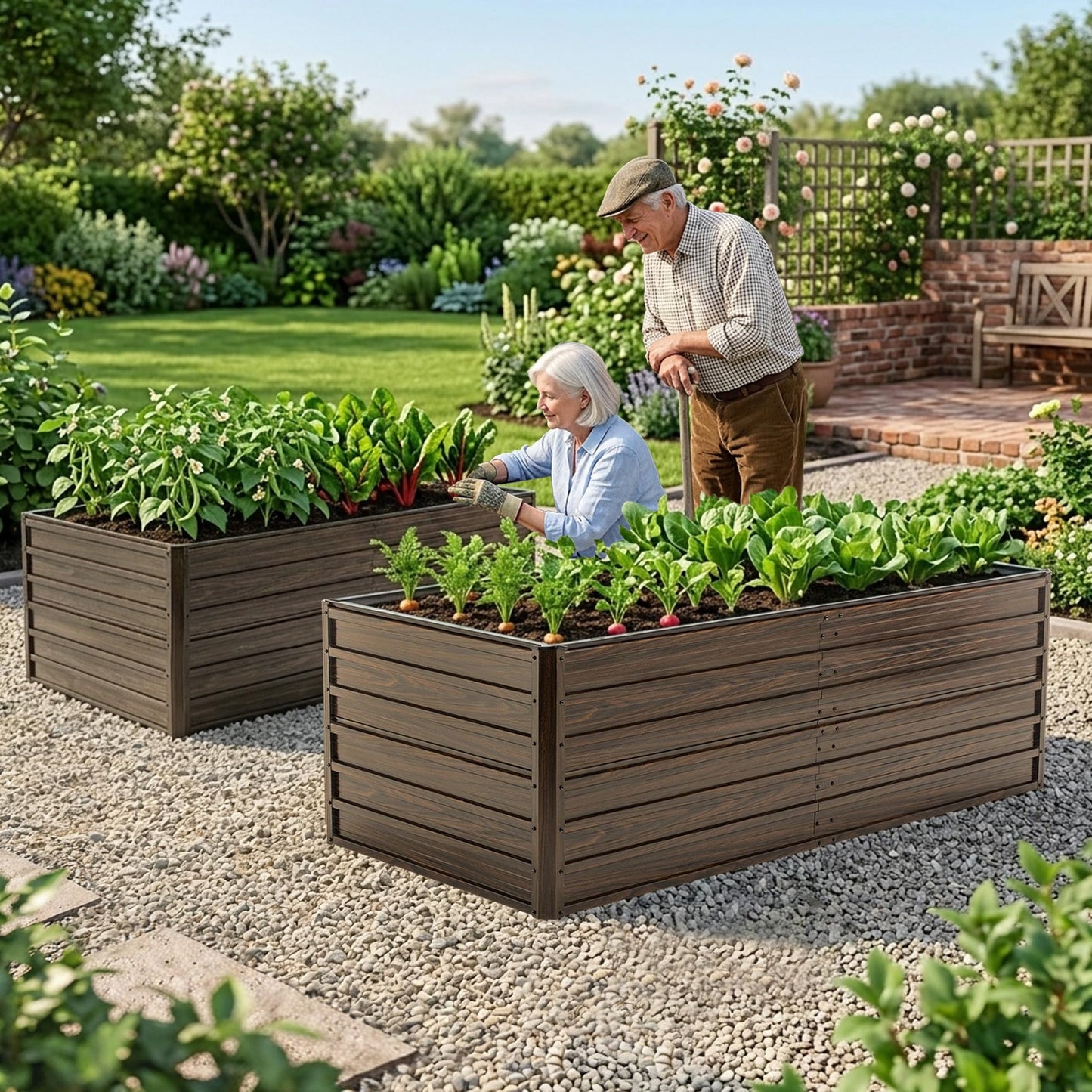 RocVanc Galvanized Raised Garden Beds 6x3x2FT Outdoor Planter Boxes with Safety Edging and Gloves Metal Garden Bed Kit for Vegetables Flower and Fruits (Brown Wood Grain