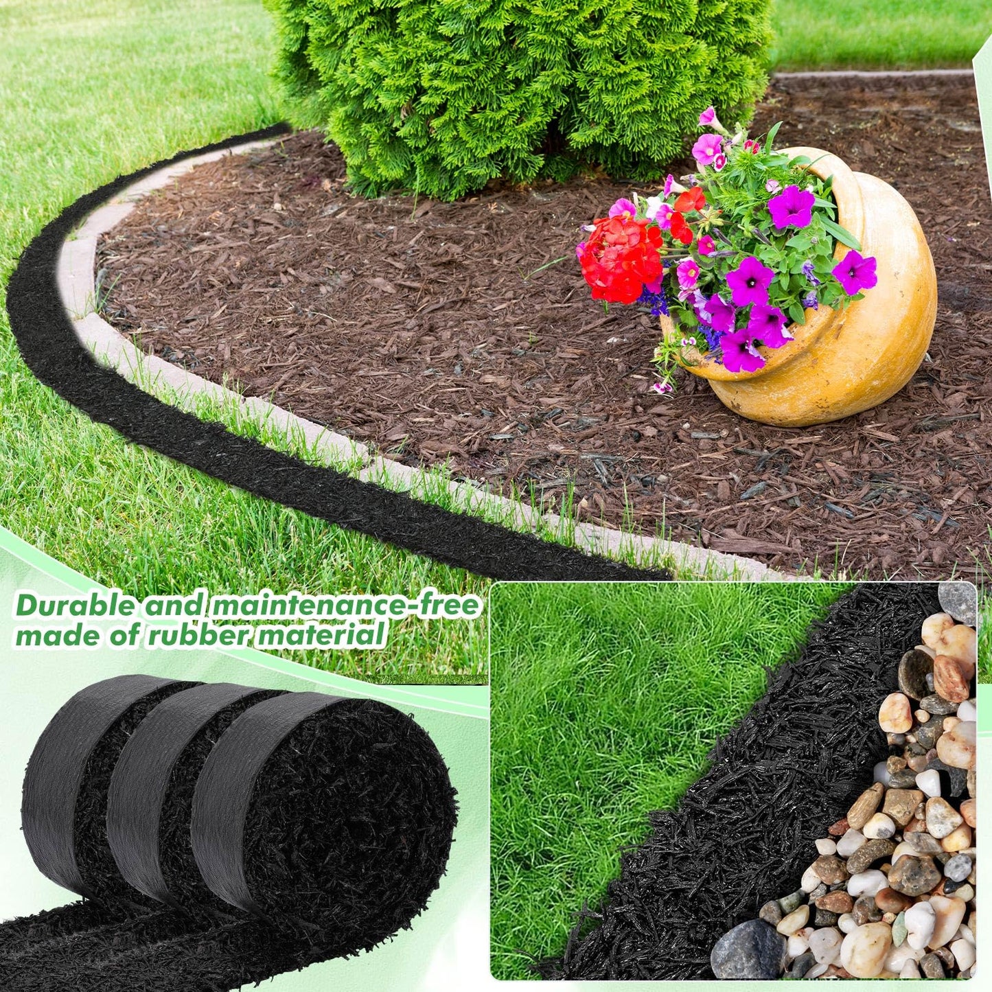 Frienda 4 Roll 120'' x 4.5'' Rubber Mulch for Landscaping Recycled Black Permanent Rubber Mulch Mat Cuttable Garden Edging Border Mat for Garden Plants Walkway Pathway Vegetables and Flowers