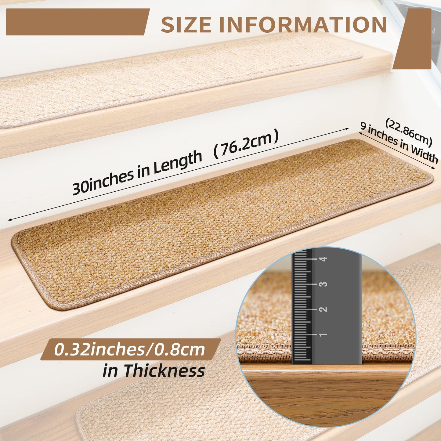 DONJOP 9.5x36 Inch Stair Treads for Wooden Steps Indoor(15-Pack) – Non Slip Adhesive Peel and Stick Carpet Stair Treads, Washable & Reusable Stair Runner Rugs for Kids Elders and Pets-Khaki