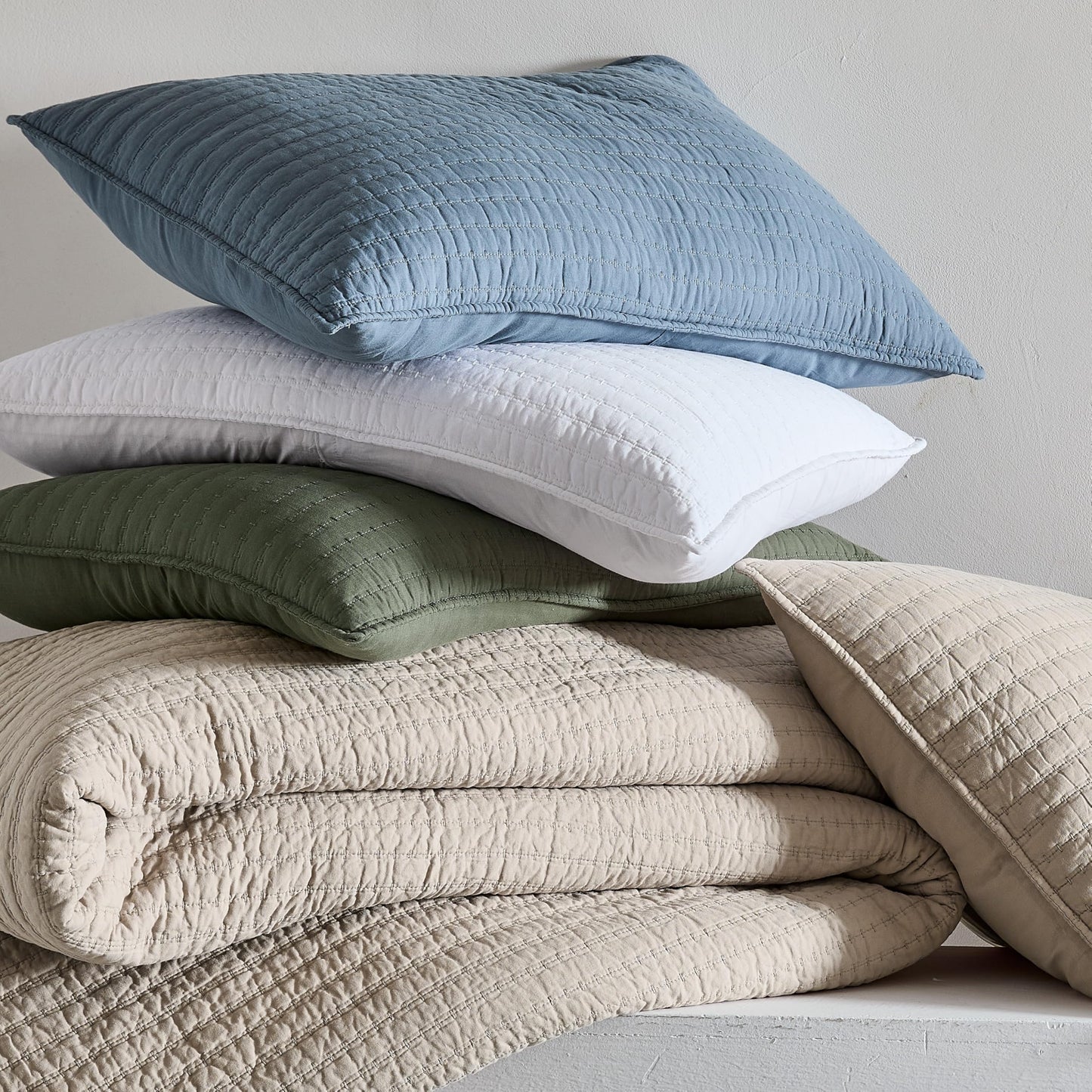 WDCOZY 100% Cotton Queen Size Quilt Set - Beige Neutral Striped Pick Stitch Soft Lightweight Bedspread, Textured Like Linen, Farmhouse Country Rustic Coverlet, Shabby Chic Gauze Bedding, 3 Pieces