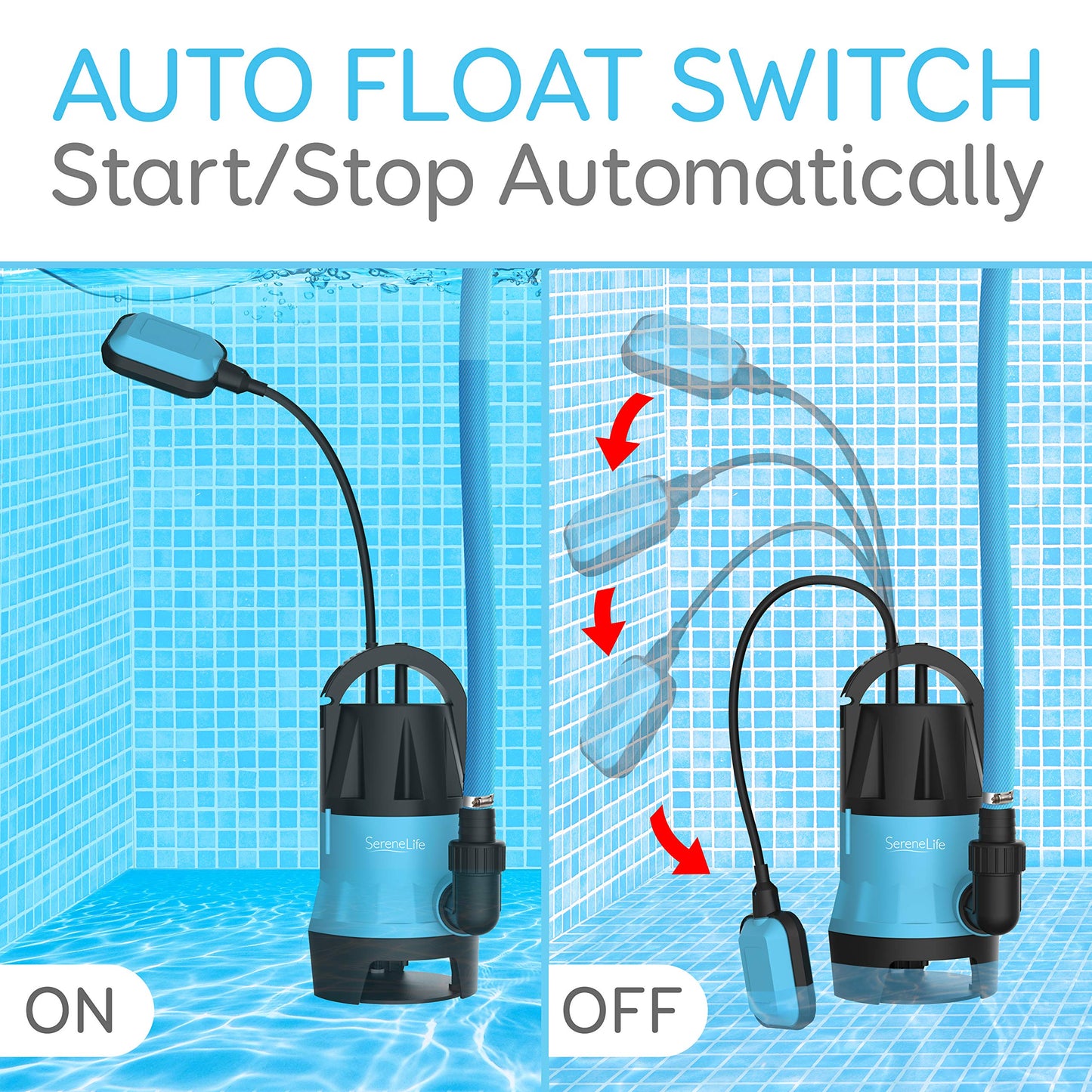 SereneLife 400W Submersible Pump Clean Dirty Water Powerful Utility Sump Pump Auto Float Switch,16 ft. Cord, Basement, Yard, Swimming Pool, Pond, Flooded Area, Garden or Flat Hose