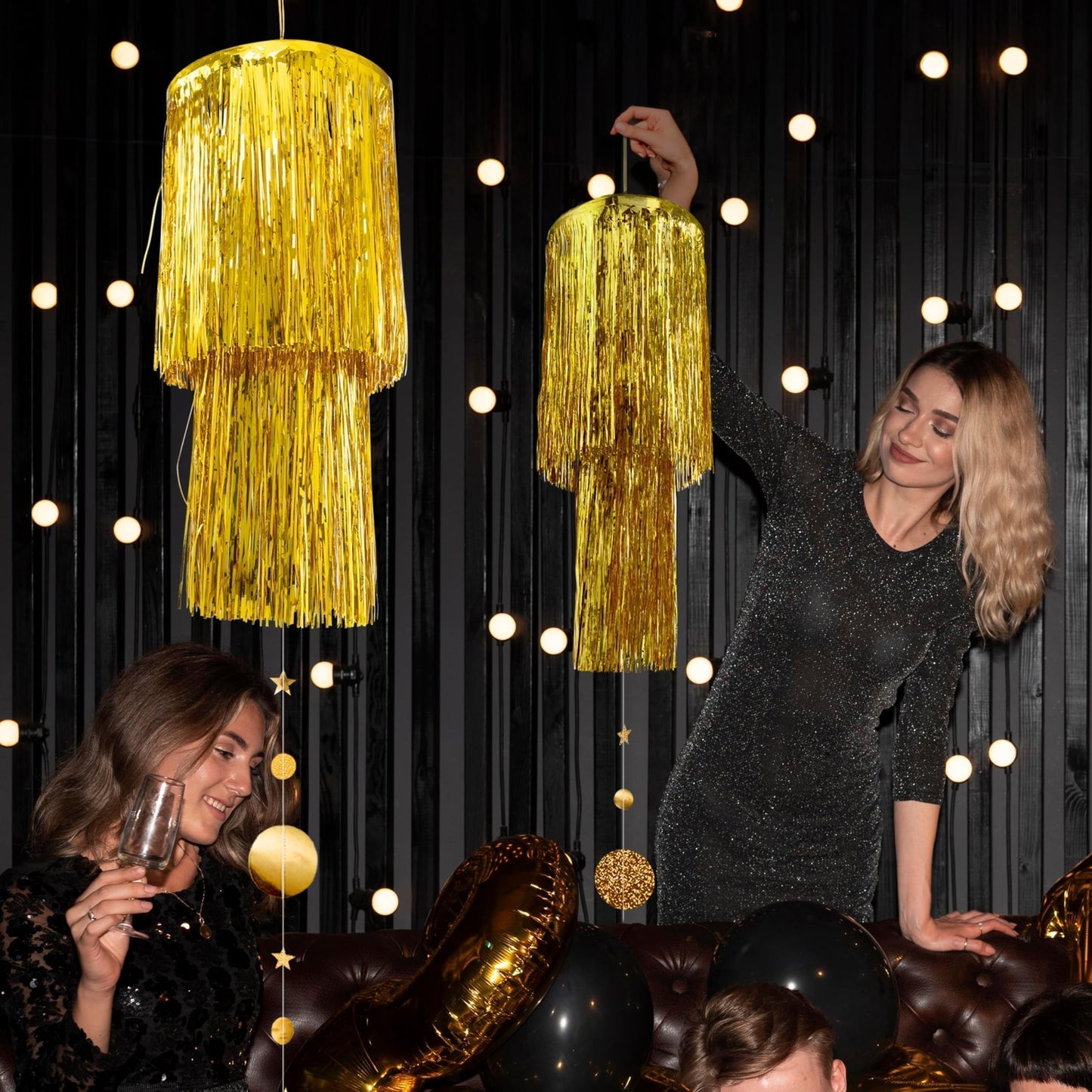 Cheerland Gold Tinsel Chandelier Mothers Day Party Decor 2 Tier Haning Fringed Circle Star Garland for Graduation Birthday Anniversary Bridal Shower Wedding Ceiling Best Mom Day Decorations Supplies