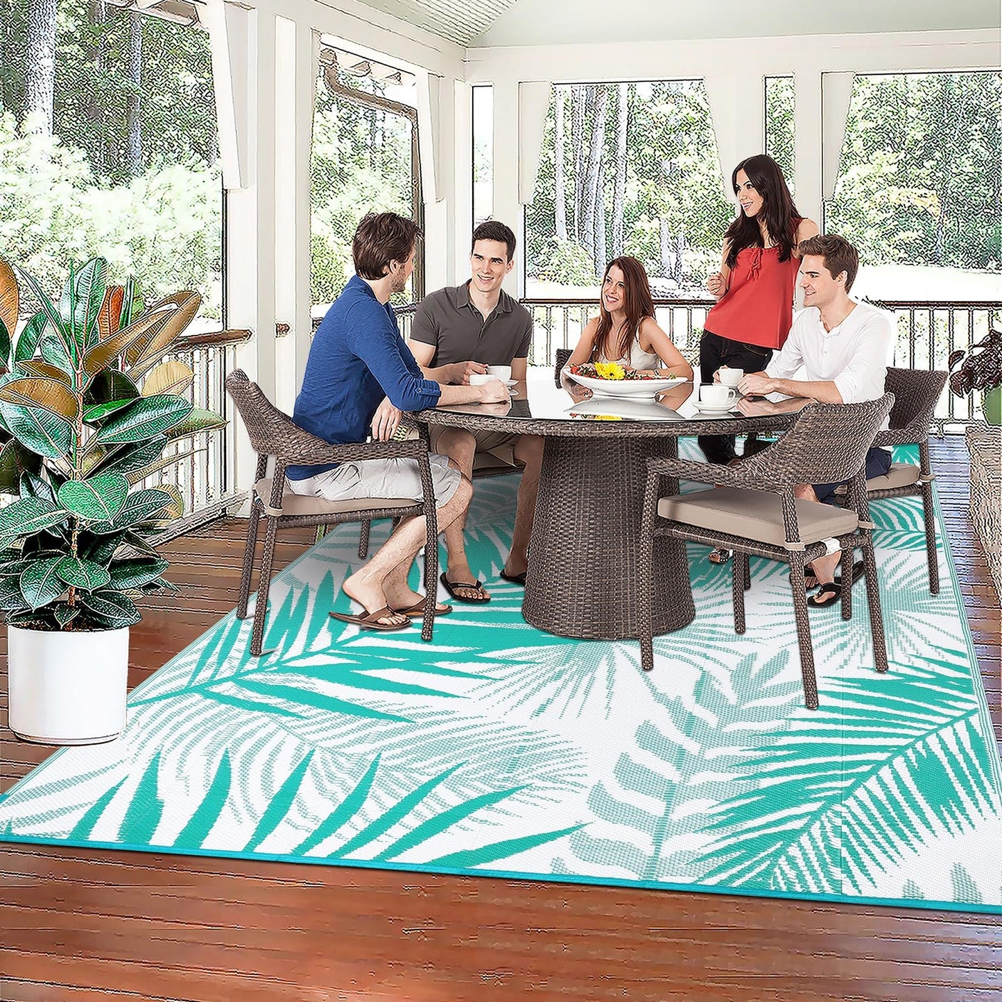 HiiARug Outdoor Rug for Patios Clearance, 6x9 Waterproof RV Rugs for Outside, Reversible Plastic Straw Mat Large Quick Drying Outdoor Rugs for Deck Trailers Campers Porch Beach Backyard,Teal & White