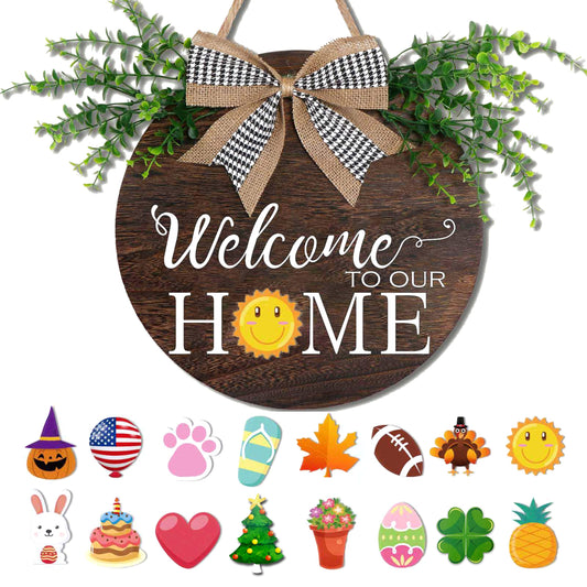 Yonuni Interchangeable Welcome to Our Home Sign, Equipped with 16 Replaceable Icons, Farmhouse Front Door Signs Wooden Wreath Suitable for All Seasons Holiday Halloween Christmas (12x12 Inch)