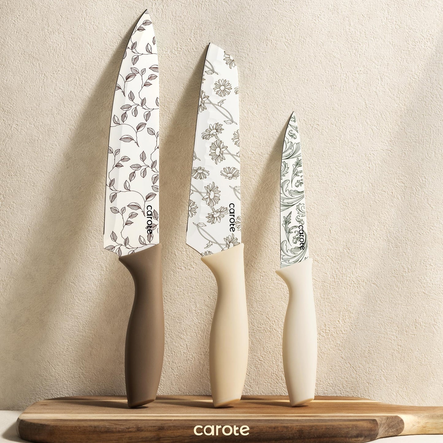 CAROTE 12PCS Knife Set, Kitchen Knife Set with 6 Blade Guards, Stainless Steel Knives Set With Nonstick Ceramic Coating, Rustproof, Delicate Floral Designs, White