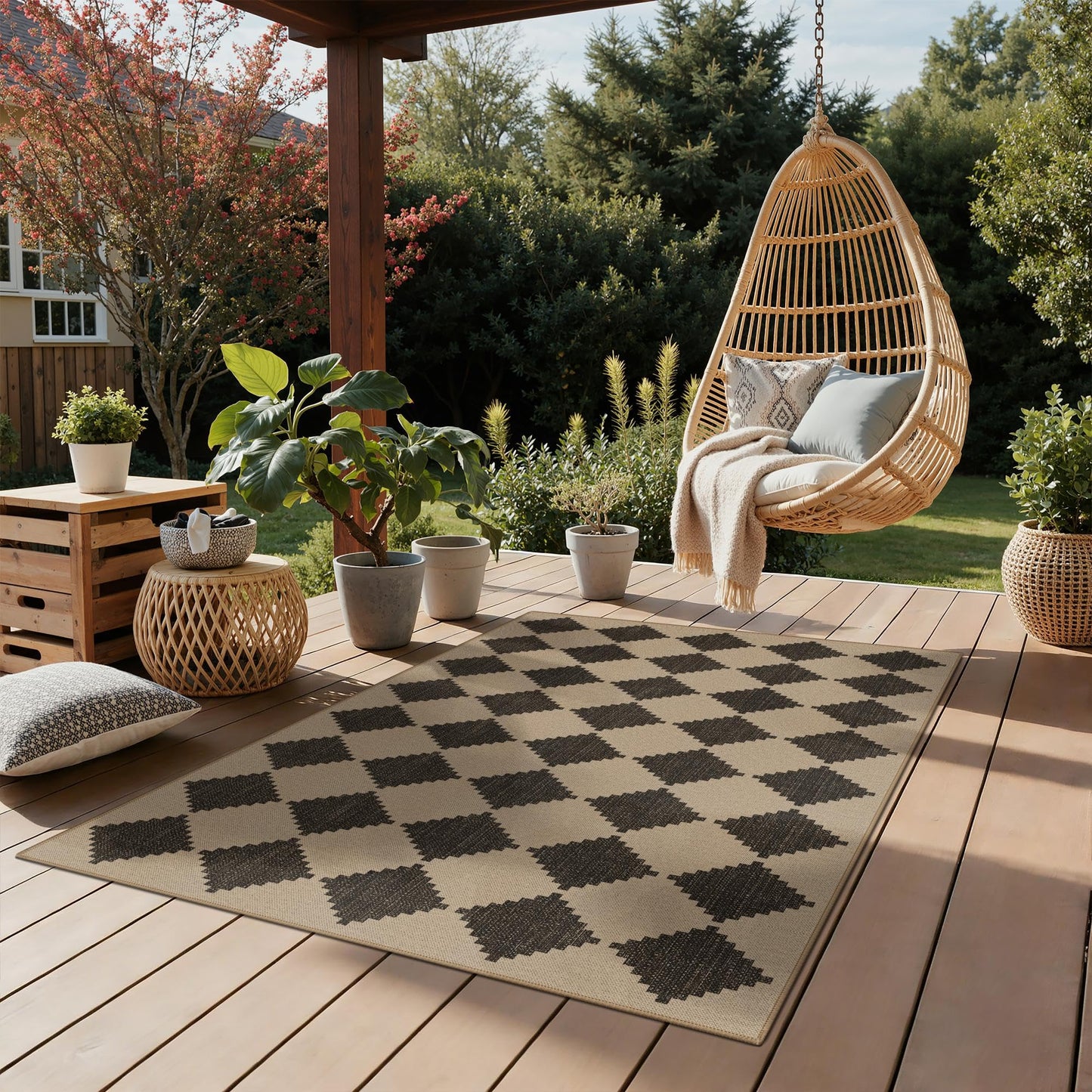GENIMO Indoor Outdoor Area Rug 5'x8', Checkered Easy Jute Rug Machine Washable, Easy-Cleaning, Non Slip Geometric Outdoor Carpet for Patio, Living Room, Backyard, Porch, Deck, Balcony