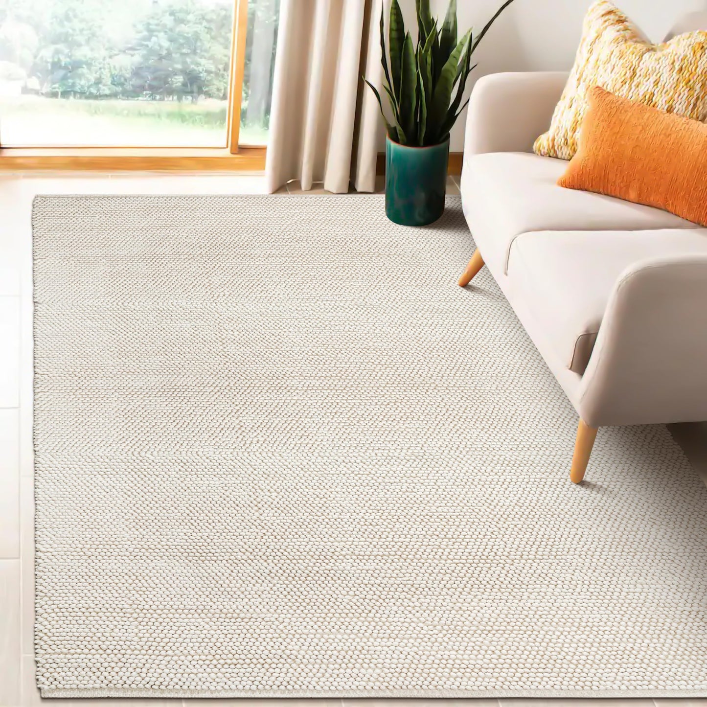Savi Home Handwoven Wool Cotton Blend Area Rug 4x6', Textured Popcorn Braided Ivory Rug, Soft Thick Farmhouse Contemporary Living Room Carpet, Neutral Modern Decorative Floor Rug