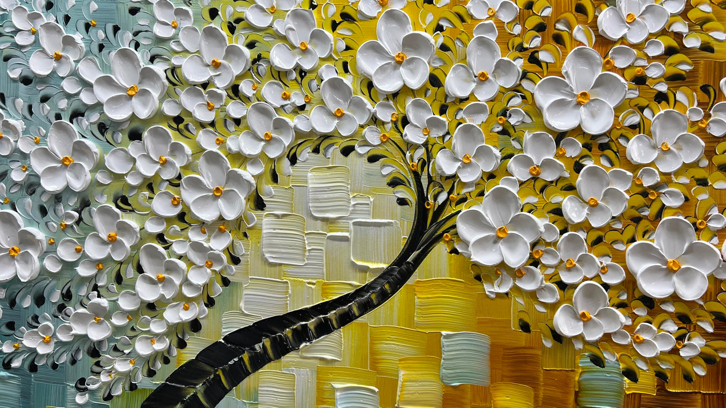 YaSheng Art - Wall Art Oil Painting ,100% HandPainted 3D Texture Wall Art Artwork White Flower Tree Paintings ,Abstract Canvas Wall Art ,Bedroom Dining Room Living Room Modern Wall Art Decor Home , Framed Wall Art Picture 24x48inch