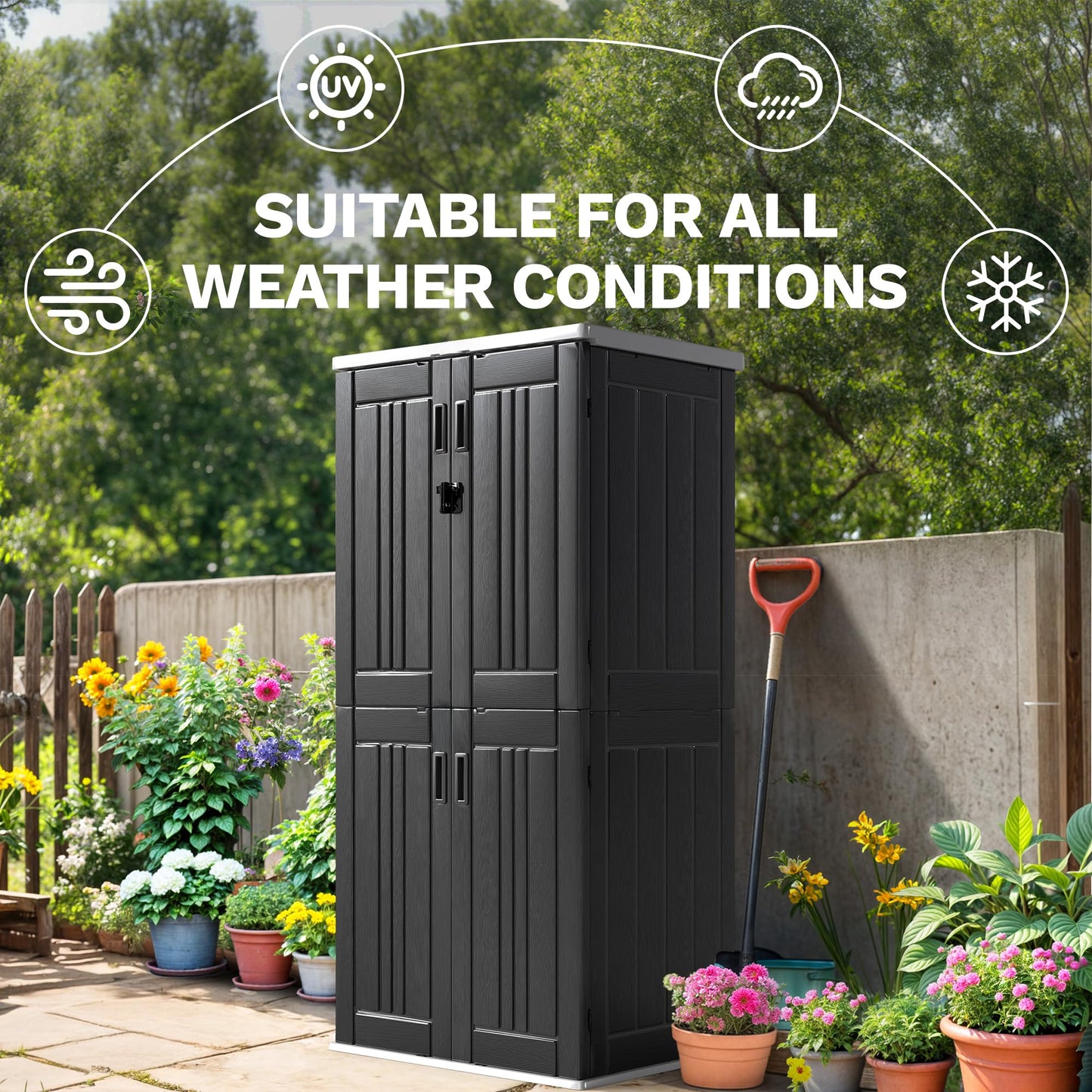 DWVO Outdoor Vertical Storage Cabinet with 4 Shelves, Waterproof Tall Plastic Storage Shed with 4 Adjustable Shelf, 30 cu. ft. Patio Tools Storage Box for Patio, Garden, Backyard, Deck, Dark Gray