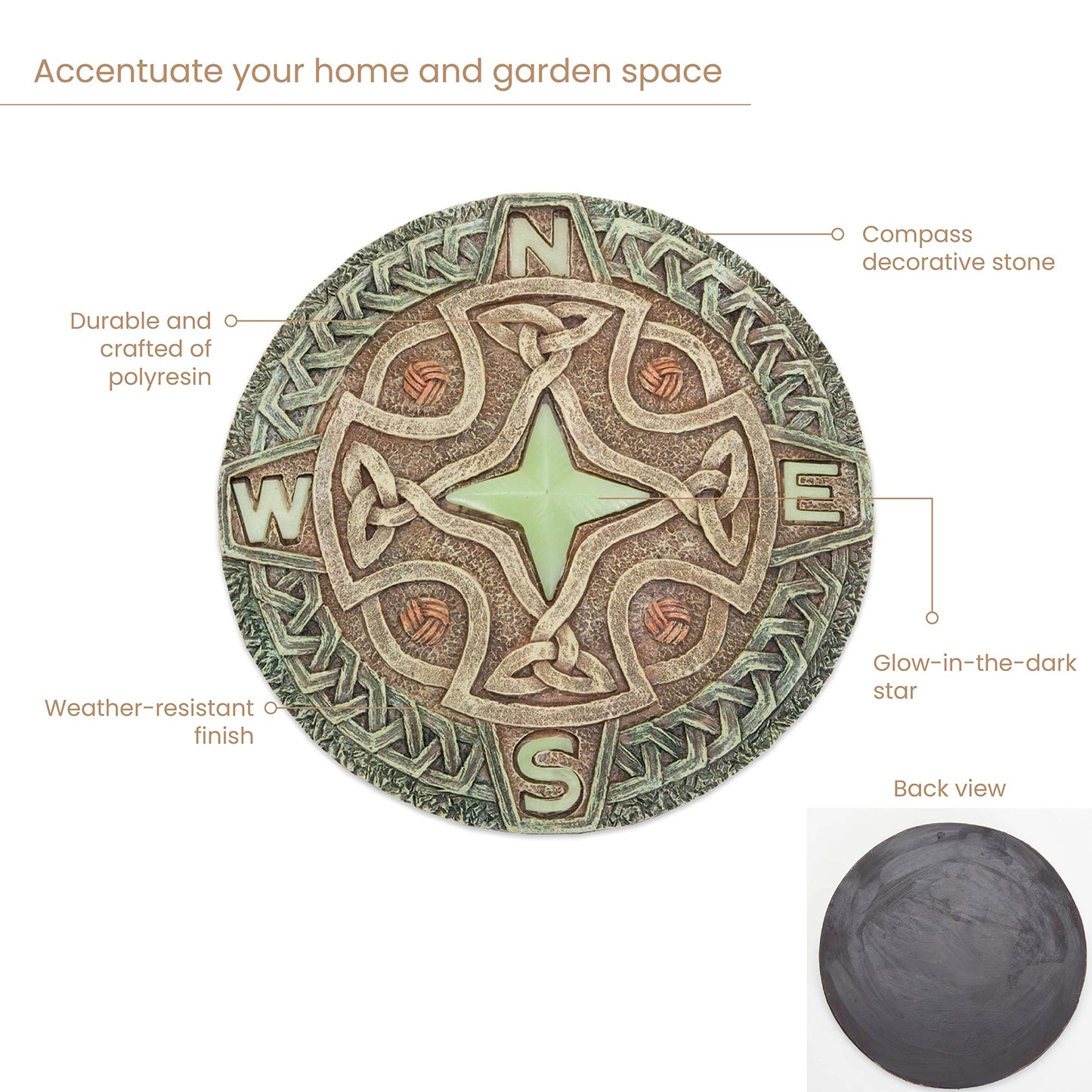 Bits and Pieces - 10” (25.5 cm) Glow-in-The-Dark Celtic Compass Decorative Stone - Yard Decoration – Beautiful Lawn/Garden Stone