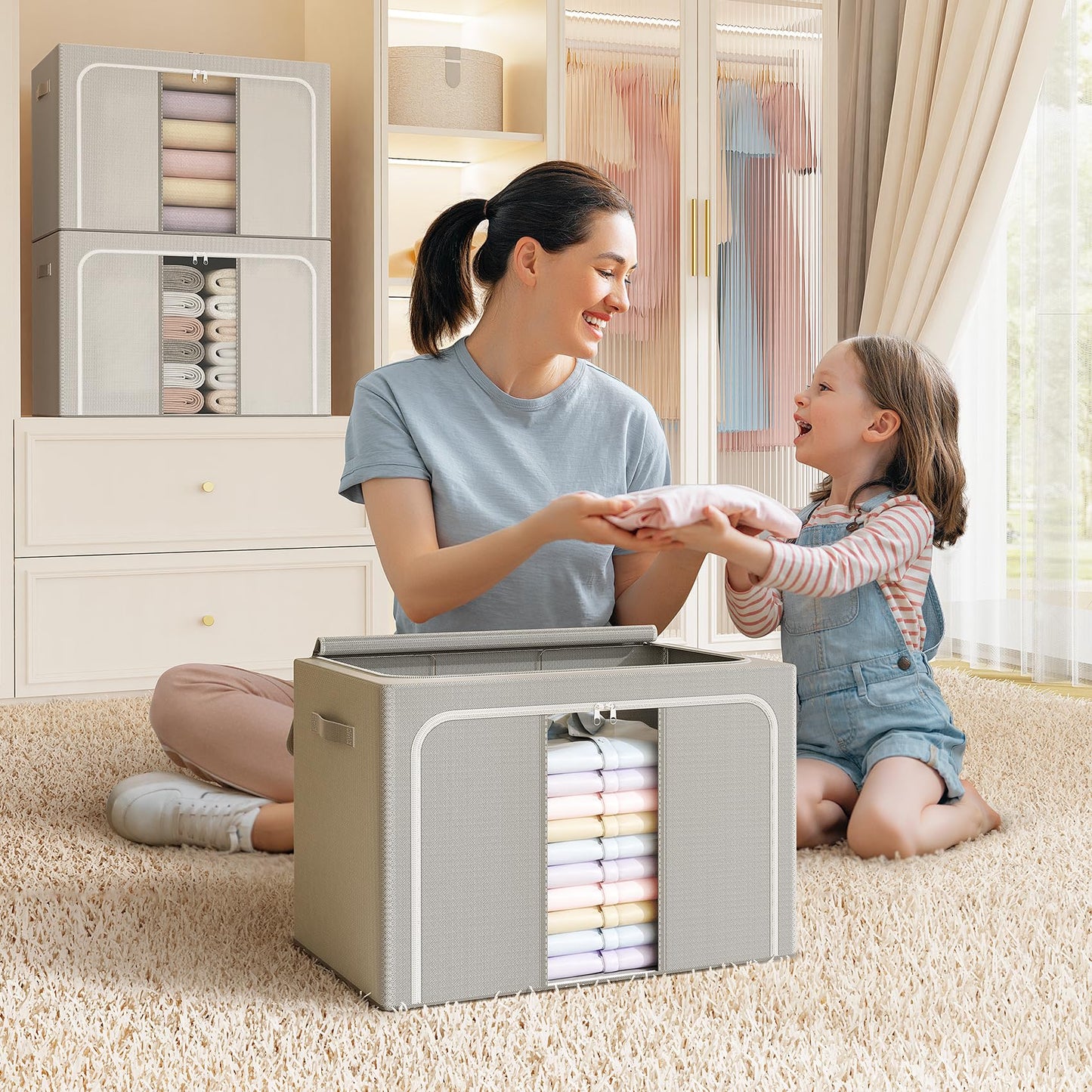LeArex Clothes Storage Bins with Metal Frame Foldable Storage Box Clothes Organizers Storage Containers for Clothes Sheets Blankets Books Toys Gifts and Holiday Decorations (100Lx3 Pack)