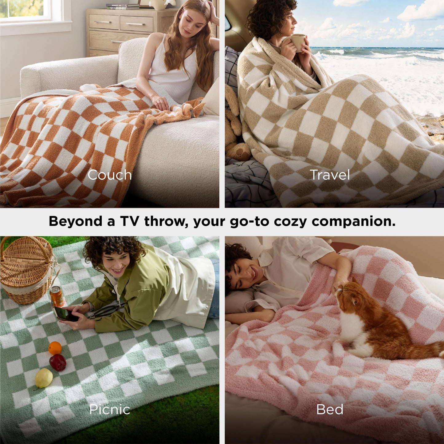 Bedsure GentleSoft Cozy Soft Throw Blanket for Couch, Beige Checkered Fluffy Blanket, Lightweight Warm Knit All Season Throw Blankets for Bed Sofa, Birthday, for Women, 50x60 Inches