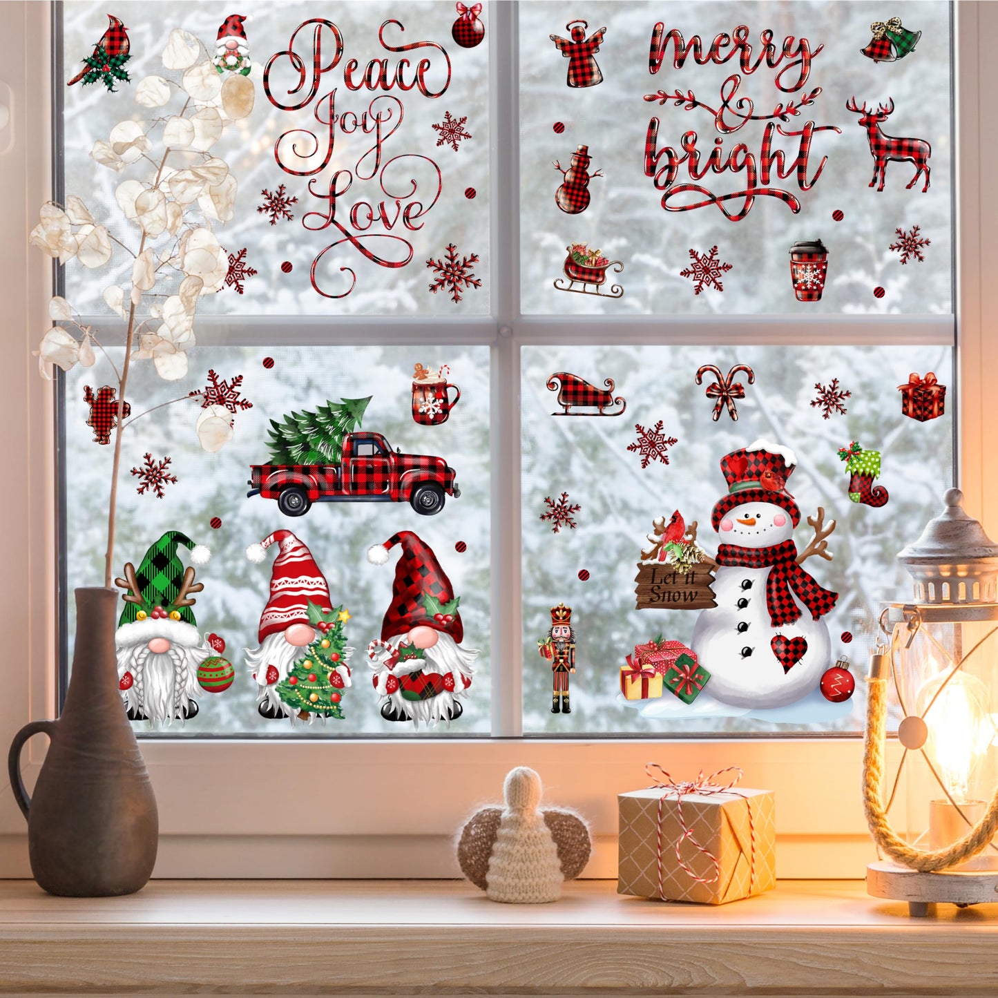 BORAMDO Christmas Window Clings 12 Sheets, Buffalo Plaid Xmas Window Decals Stickers Removable Holiday Decorations for Home & Office, 12 Styles