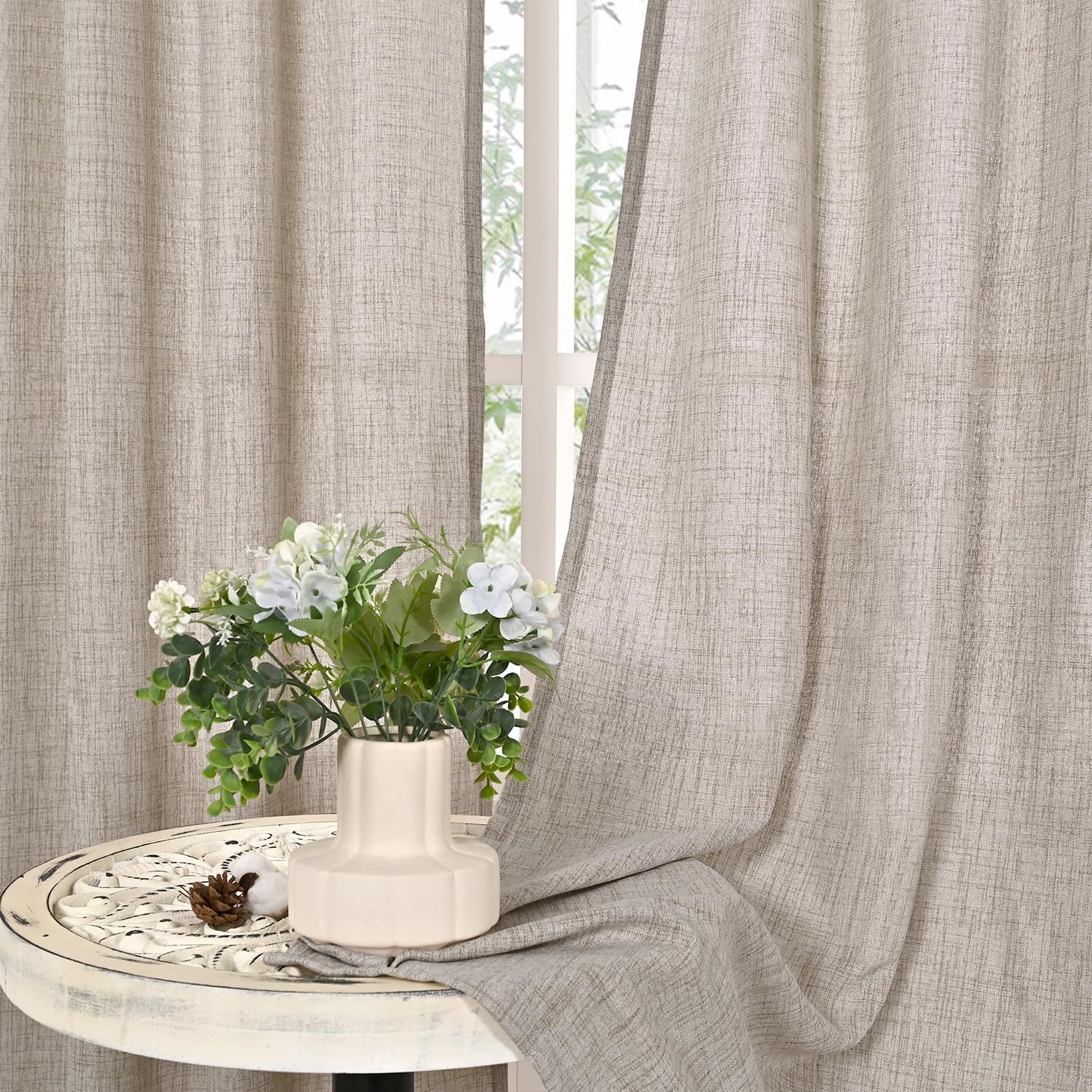YoungsTex Linen Semi Sheer Curtains 63 Inch Length 2 Panels for Living Room - Light Filtering Drapes with Bronze Grommet Beige Window Treatments for Country Office Bedroom, 52 X 63 Inch