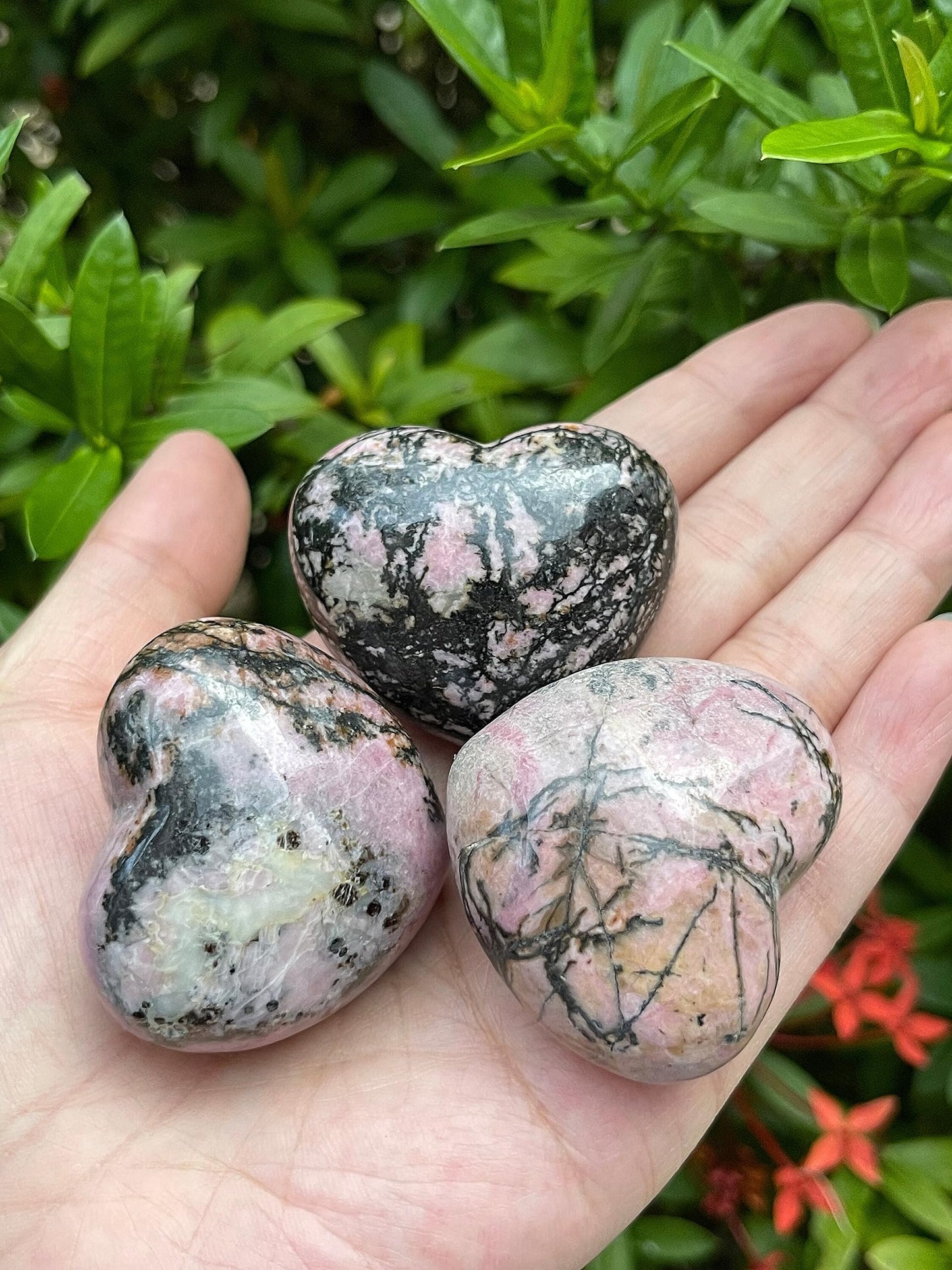 GAF TREASURES Rhodonite Gemstone Hearts, Polished Rhodonite Puffy Hearts, Rhodonite Crystal Palm Stone, Rhodonite Healing Crystal Hearts (1 Heart)